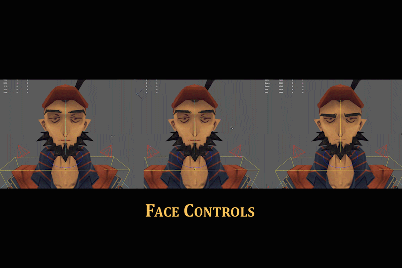 I can even animate parts of his face, and change his eyes! I didn't put too many controls in the face though, as he is intended to be viewed in a top-down perspective.
