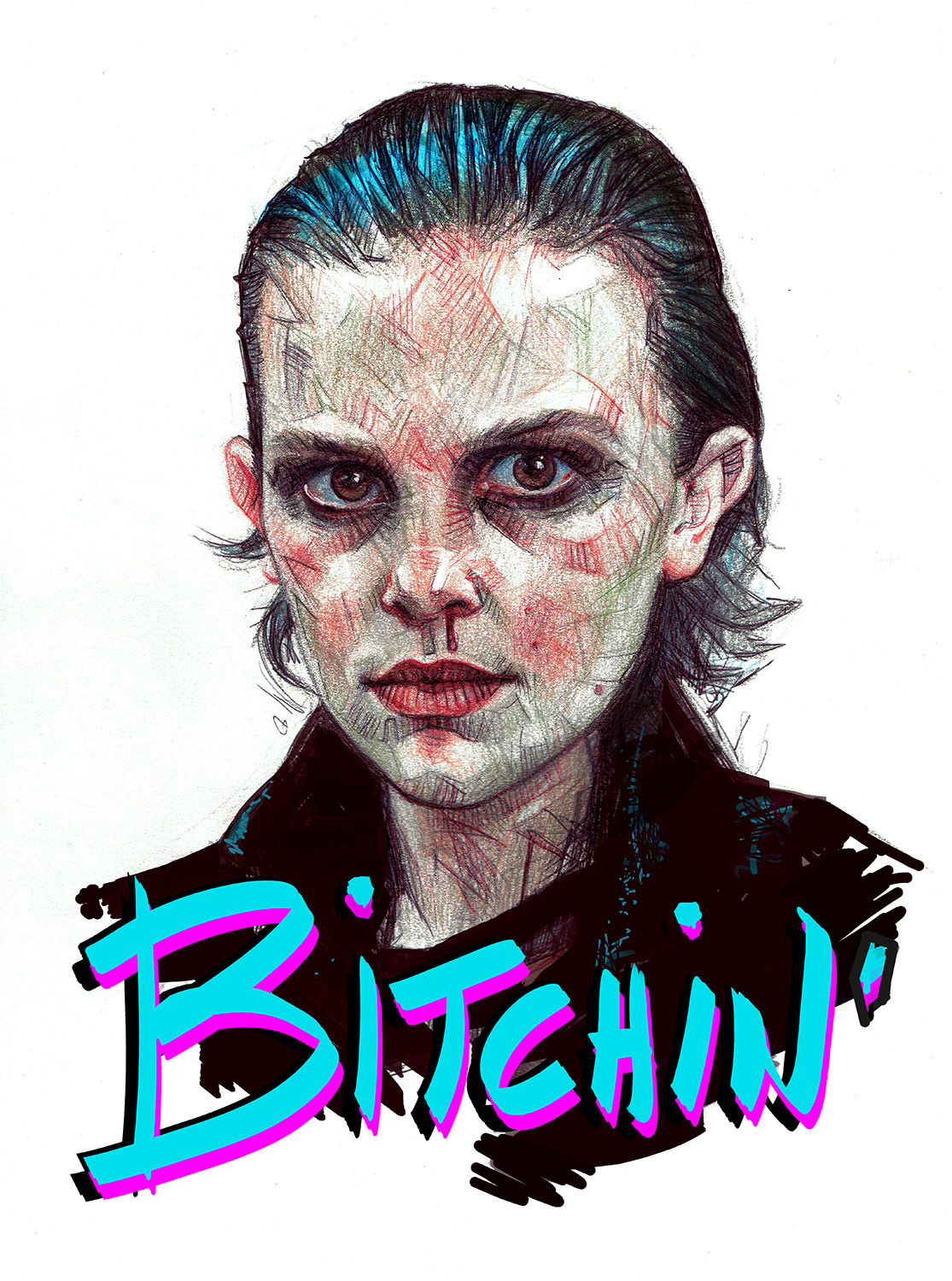 "Bitchin'" Fanart based on the character "Eleven" from the TVShow "Stranger Things 2" . A mix between traditional drawing with some touchs of Photoshop.