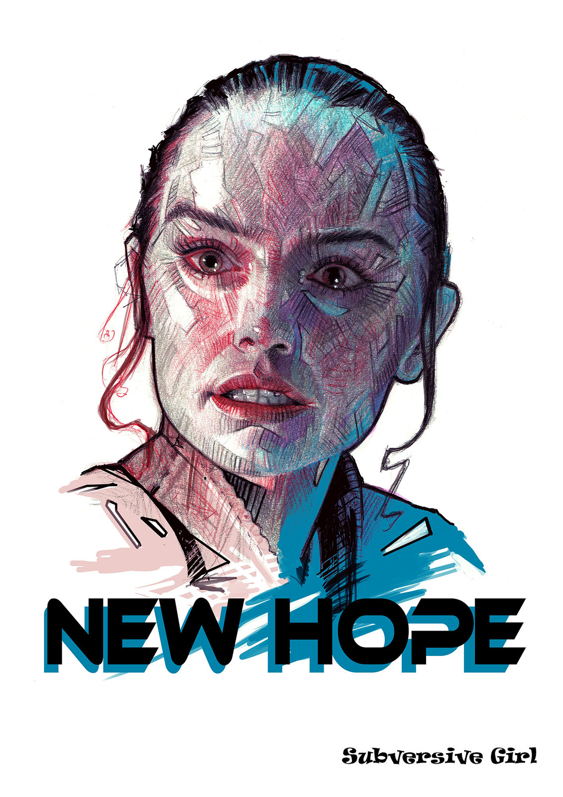 "New Hope" Fanart based on the charcater Rey  from the new saga "Starwars". A mix between traditional drawing with some touchs of Photoshop.