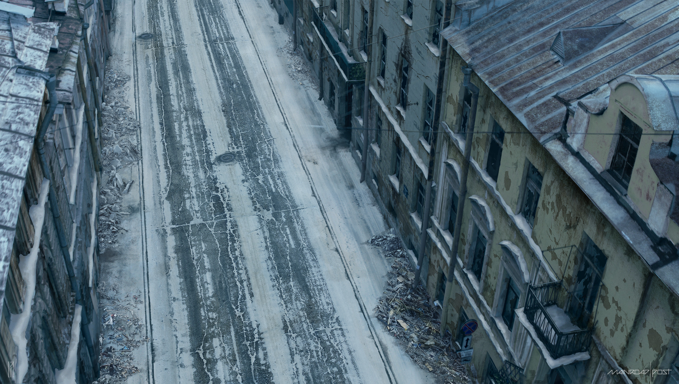 Matte painting of the ruined street, top view