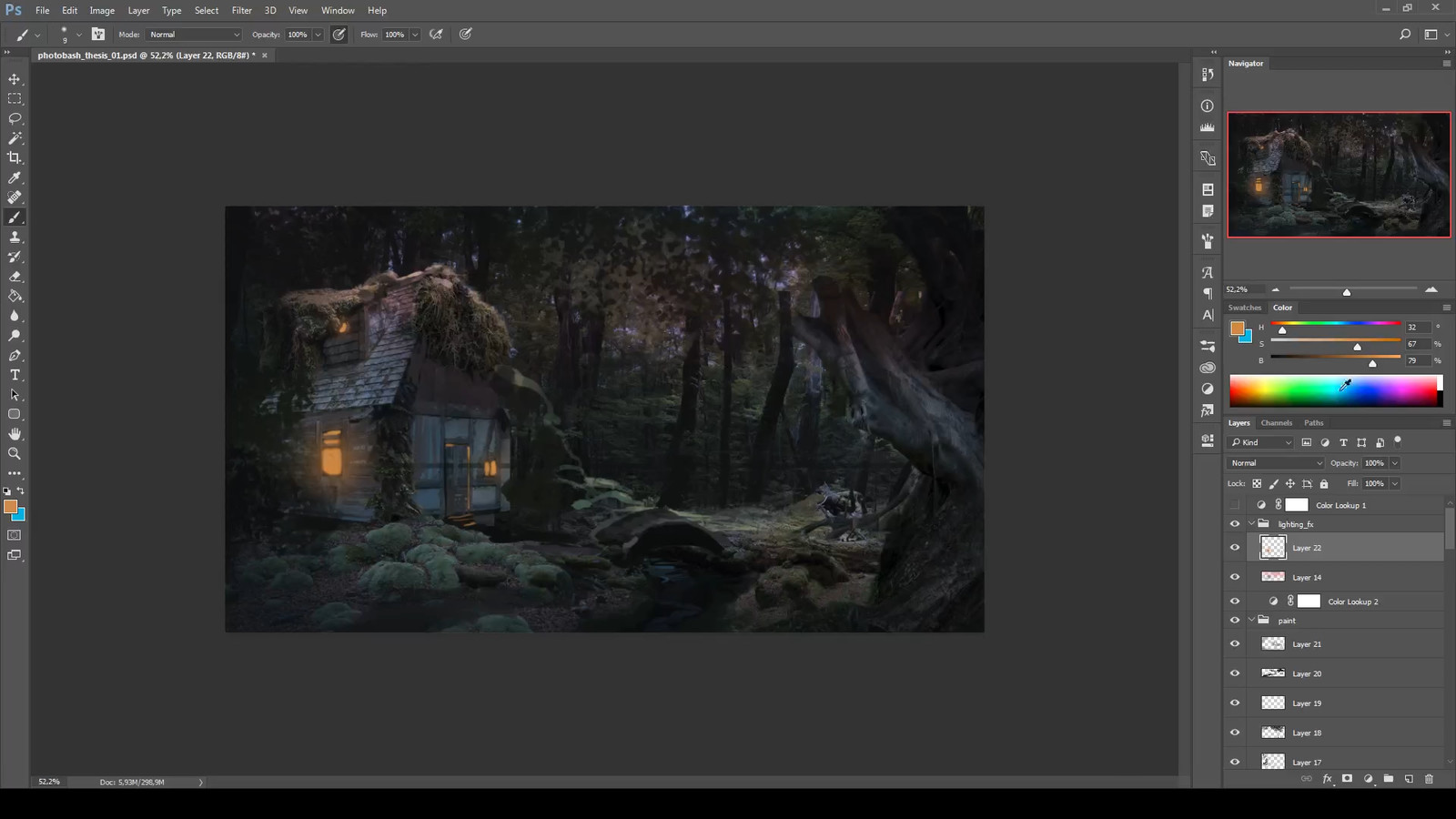 12 - More lighting experiments. Decided to add some much needed interest and contrast to the piece by lighting up the cottage