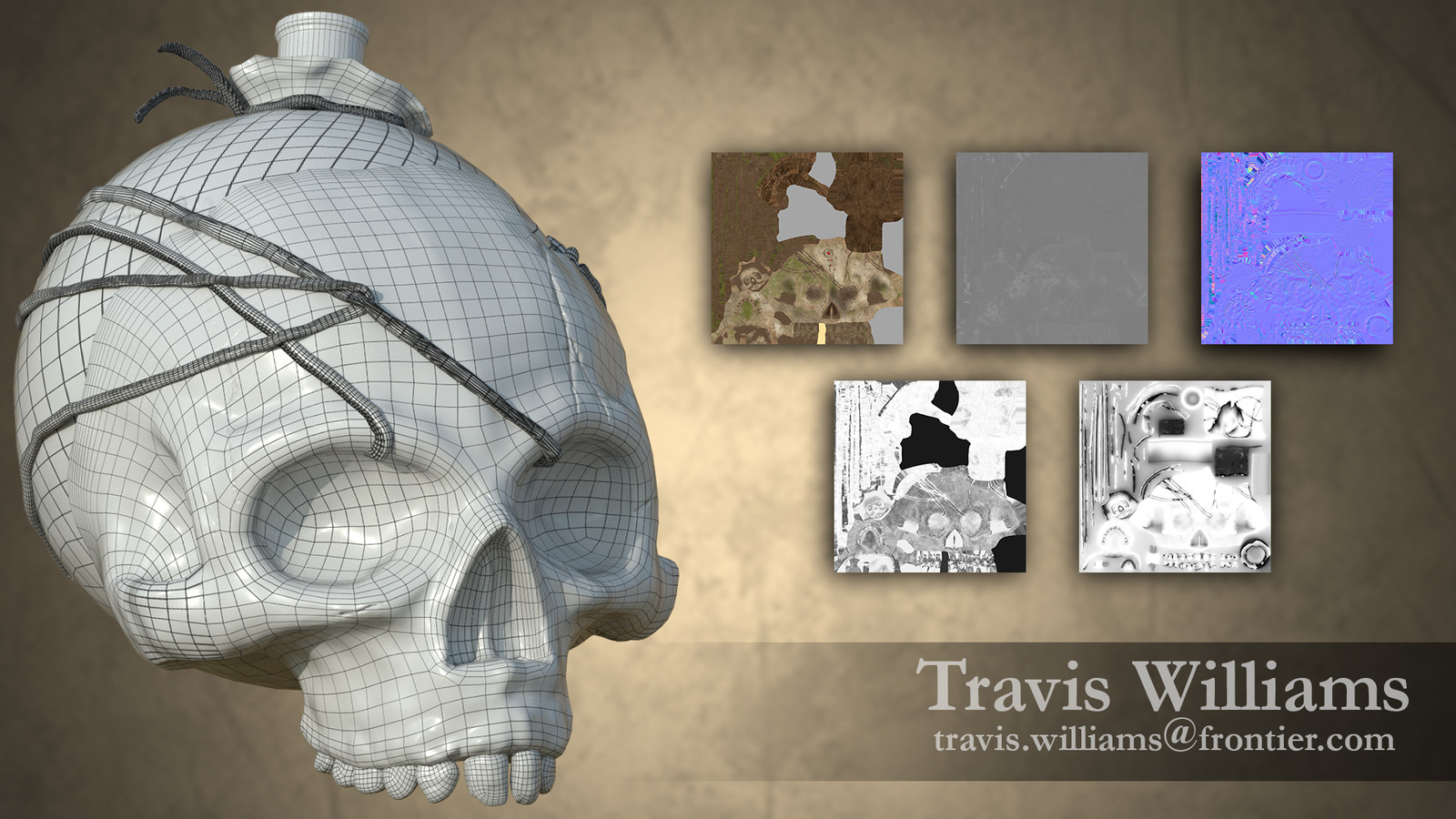 Breakdown showing the wire frame along with the Textures that make up the model.