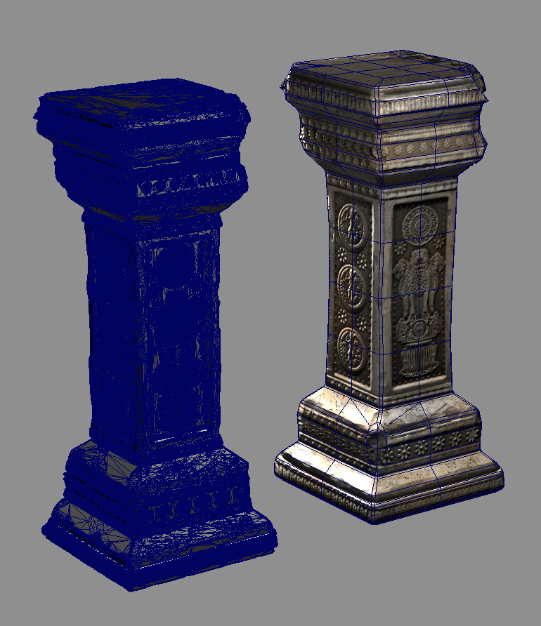 Temple Column Hi and low Res assets wireframe