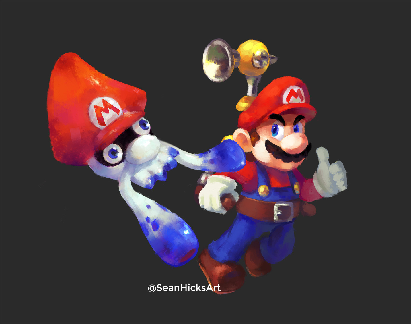A painting of Mario and his "squid" form. The squid form was based off of the Gooper Blooper: a boss from the game, Super Mario Sunshine. I tried to make sure the theme or references of the game stayed intact for the crossover. 
