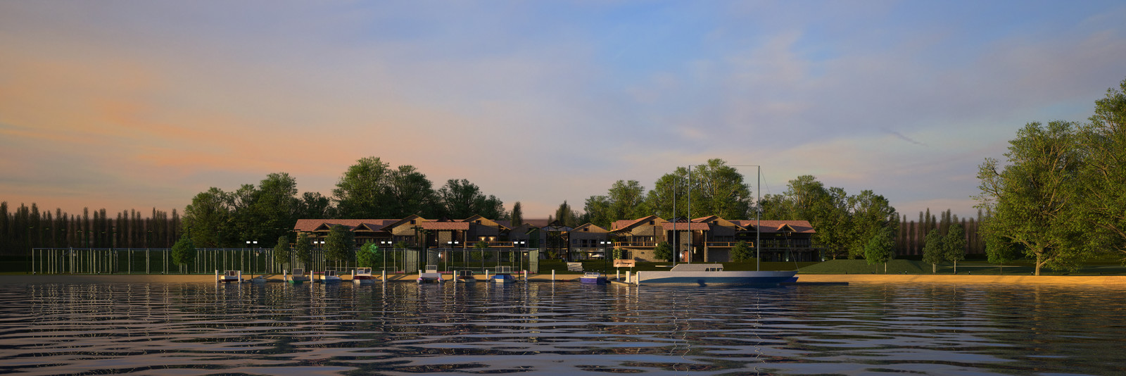 Original model from 2014
La Grange- Rivendell Resort:
Lake to Shore 01 2Pt 02 Dusk 02
SU + Thea Render 
