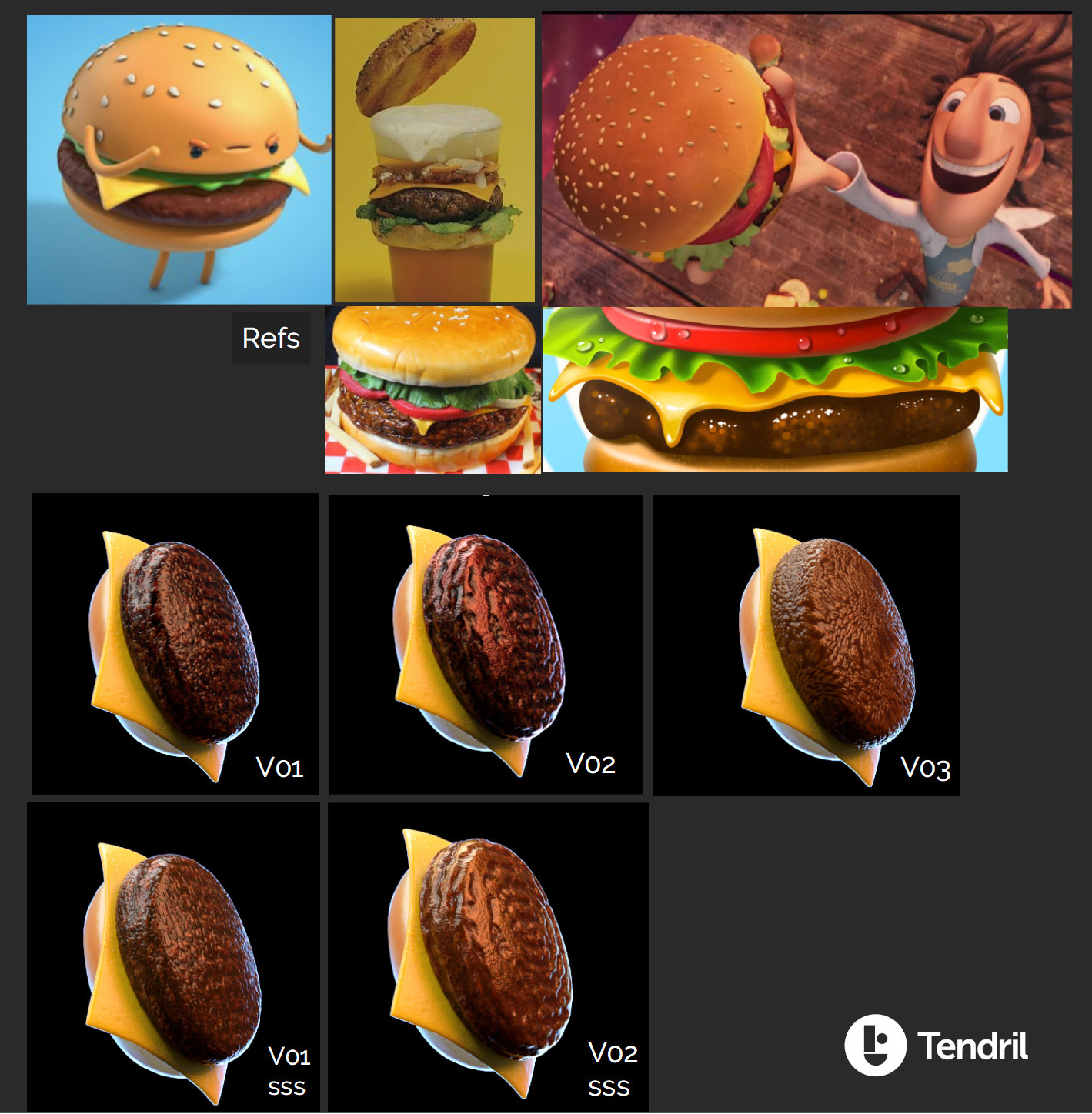 Burger variations and some references. It must look between "real" and "cartoon" look. BTW : I know that the cheese should come on TOP of the meat. lol. 