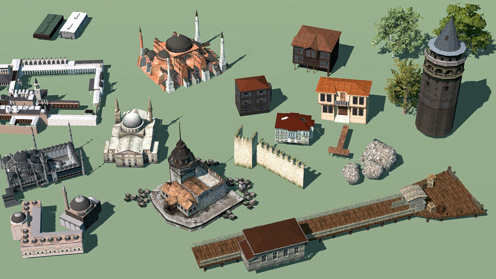 making 1919's Istanbul with very limited assets, although  creating  a varied look. 9 Landmark Buildings,  3 generic traditional Istanbul houses, city walls and tower, 3 rocks and 3 trees