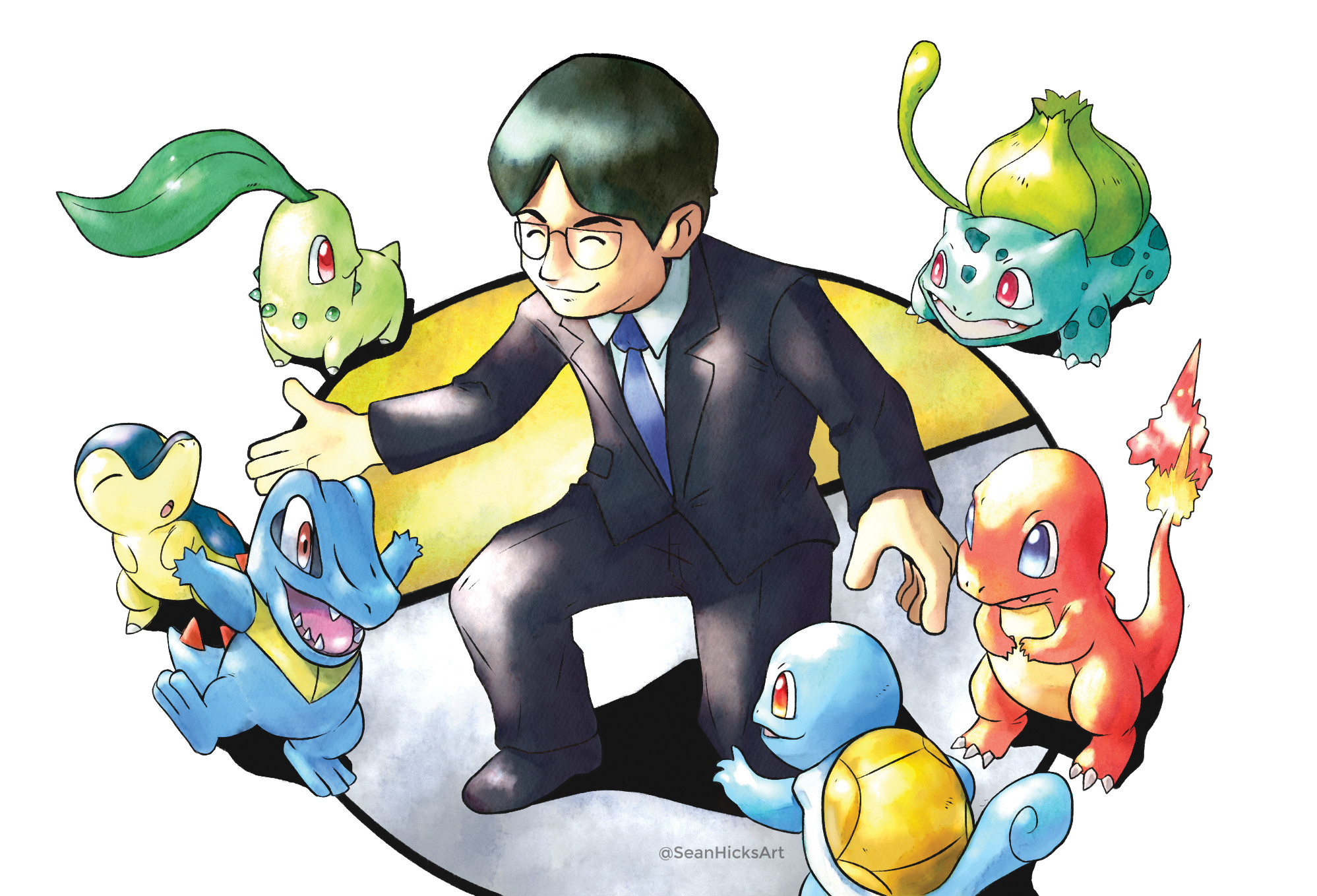 Iwata played a big role for Pokemon Gold &amp; Silver by merging the regions from the past games into the new ones. I illustrated this task by having Iwata introduce the starter pokemon from the different regions to one another. 