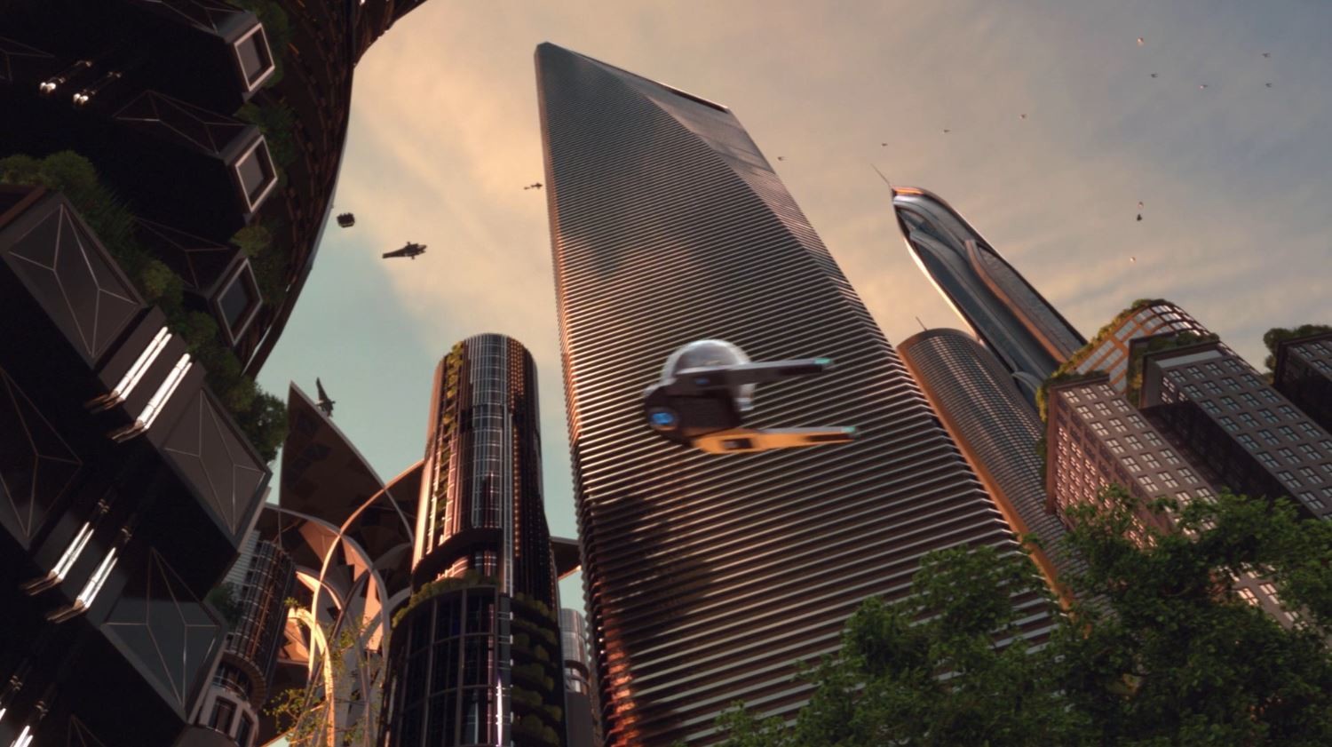 Commuter Pod flying through city.