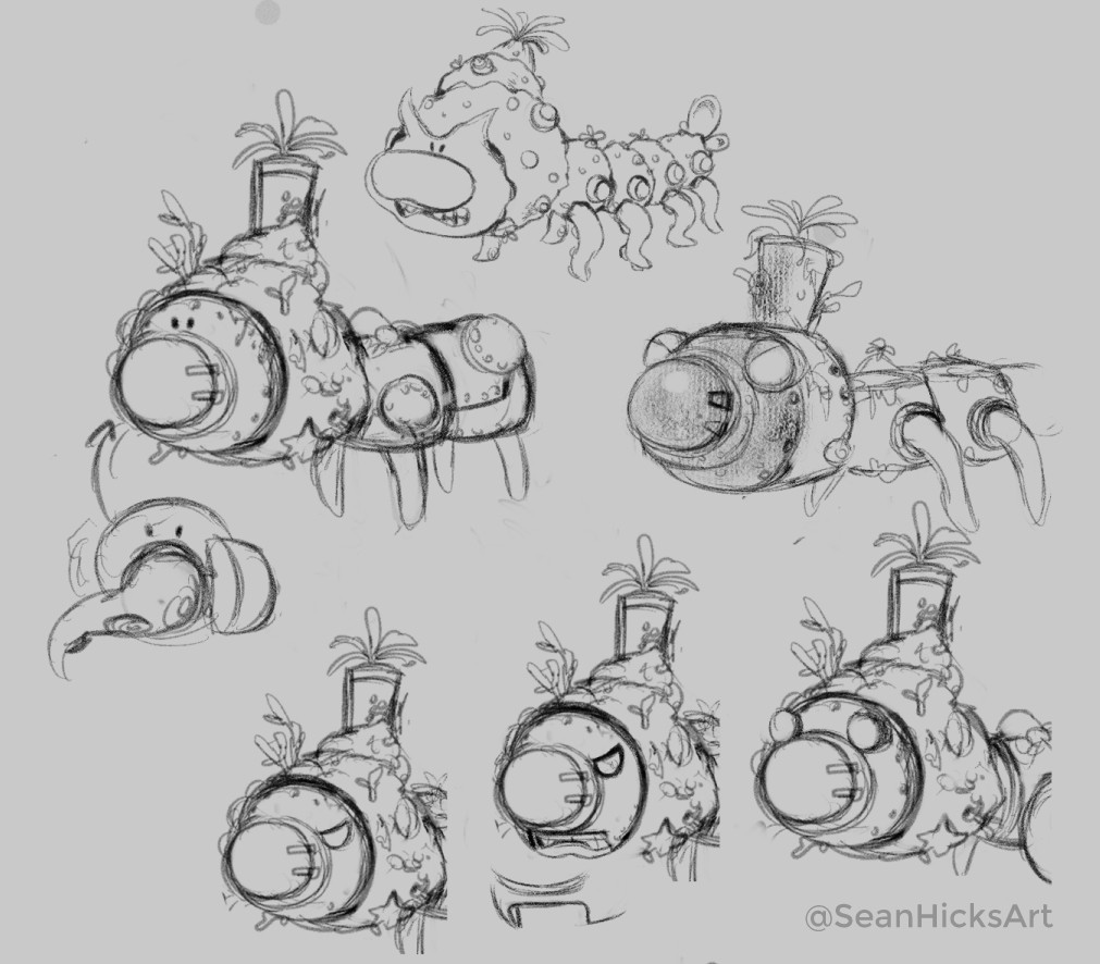 Brainstorming sketches of the crossover boss's design. I used a Wiggler from the Mario series as a base- then designed around that to fit within the Splatoon world. 