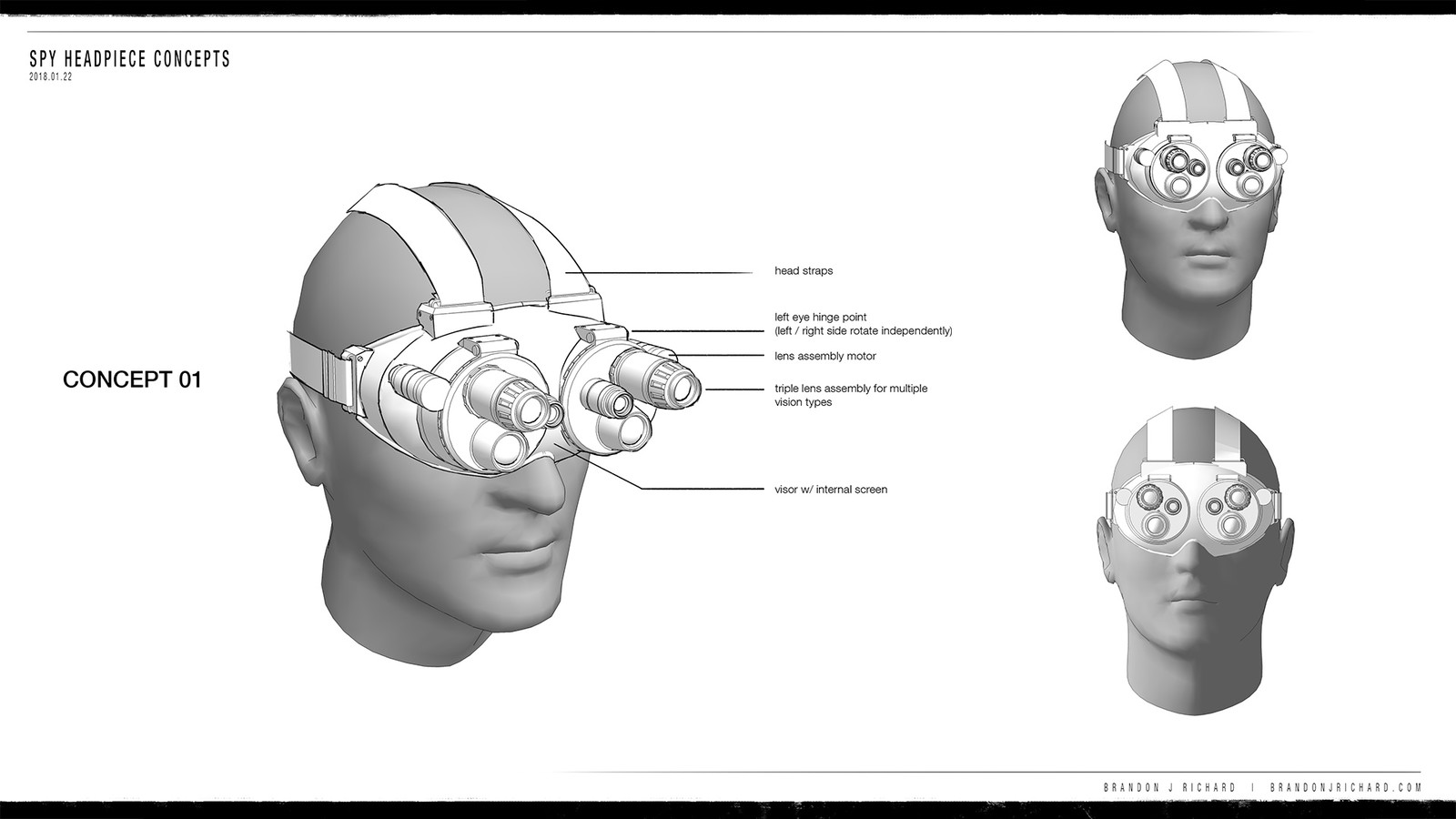 Concept board of the approved headpiece, with alternate views.
