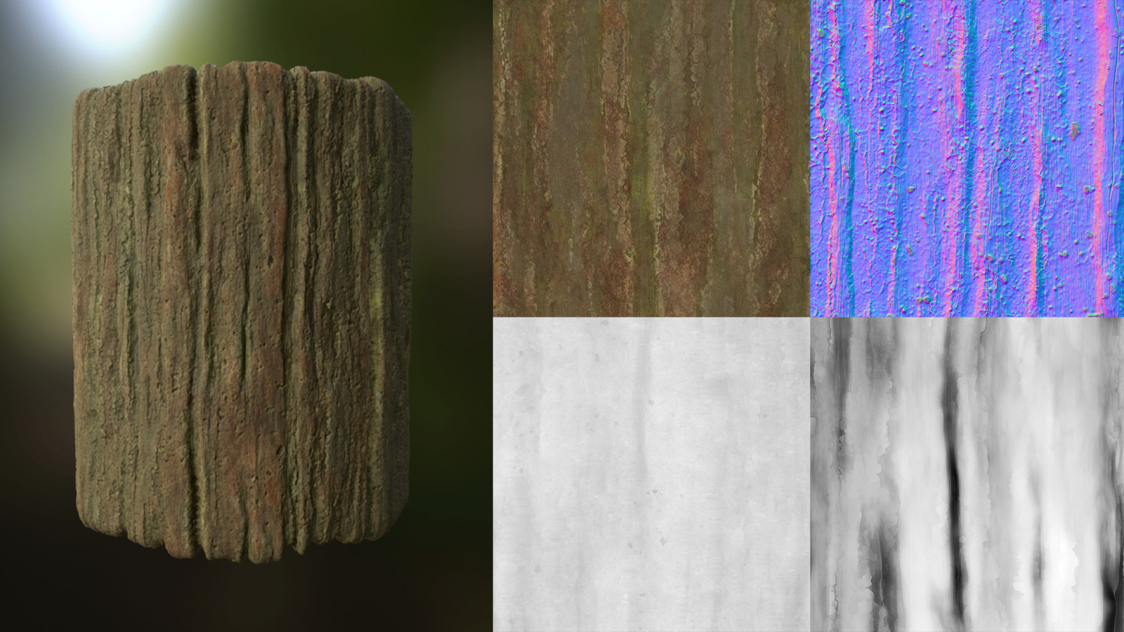 Bark material created in Substance Designer. Albedo, normal, roughness, height