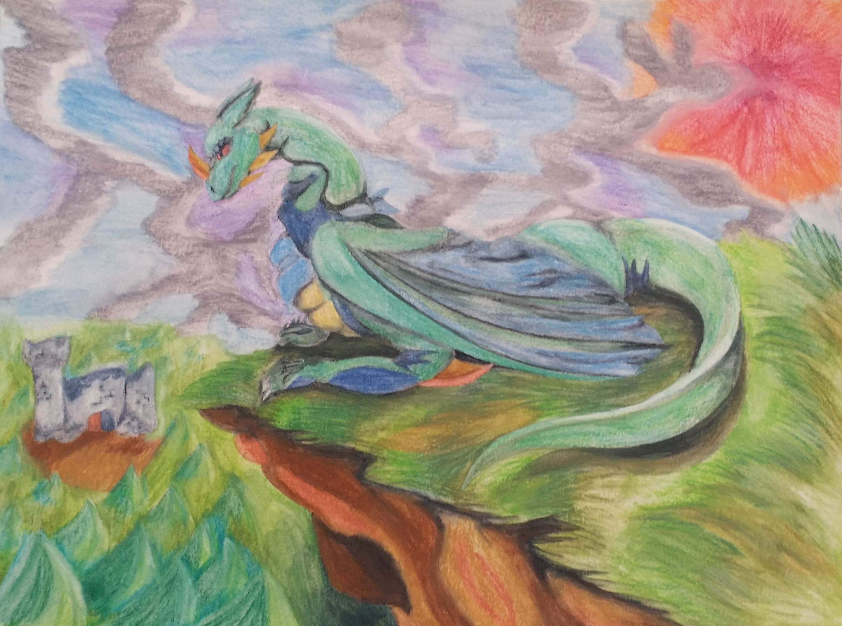 A dragon character of mine looking over a ruined tower. If the cliffside looks familiar, there is a good reason for it.
Also done with Watercolored Pencils.