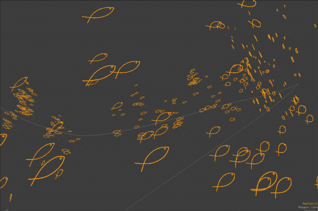 The fish were created with Modo's particle system. While its intent isn't to be animated but here it is anyway. You can see some outliers that zip out of the line... those don't really matter when it's a still.
