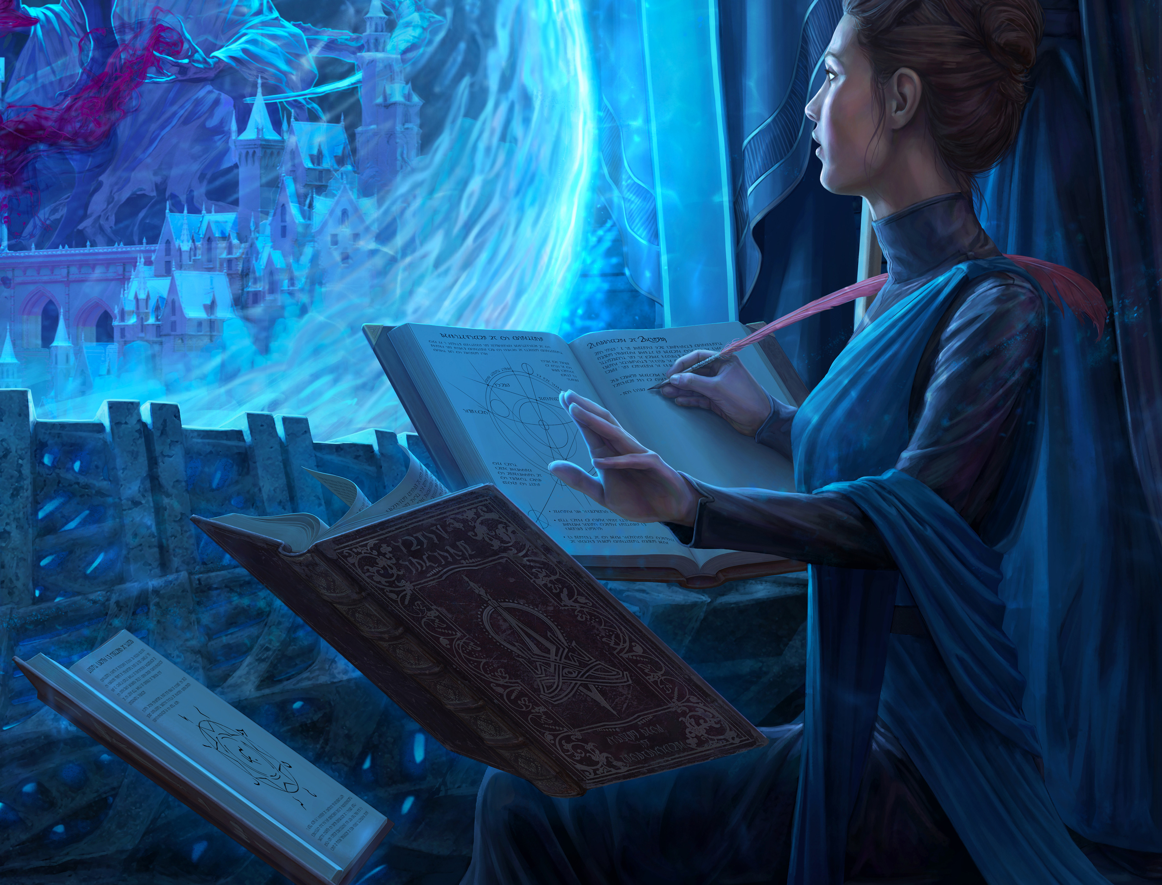 Detail: Orisandra transcribes the portentous vision for the Order's records. The text on the pages of Orisandra's books isn't gibberish; it's actually an Aldmeric transliteration from English, describing her observations.