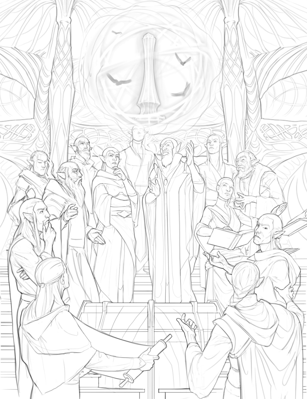 Initial composition. My original idea for this image involved a larger gathering of Psijic mages, but it was argued that the Order shouldn't be presented as having too many members. This comp also would have been problematic for horizontal crop formats.