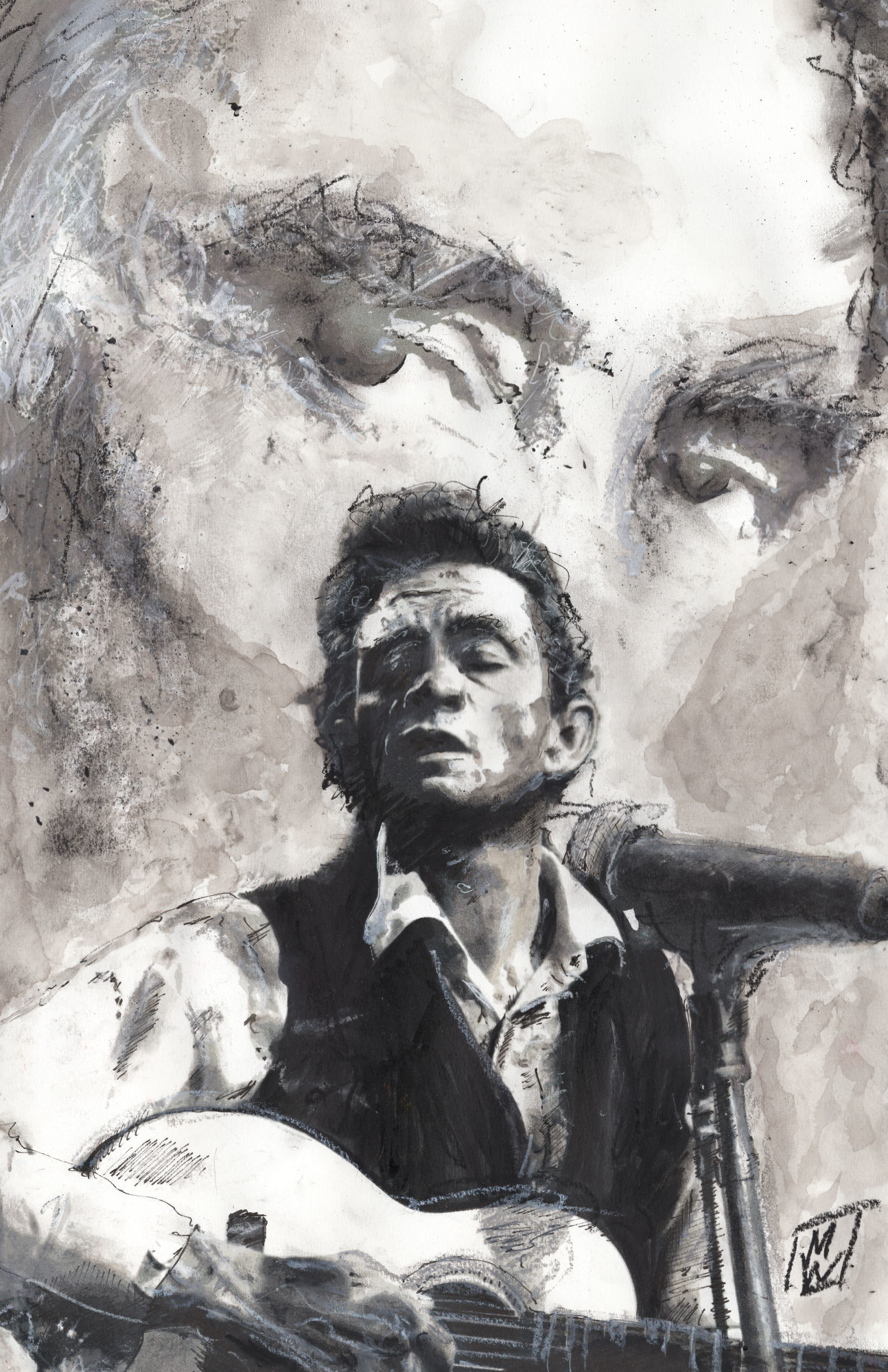 Artstation Johnny Cash Ink Wash Mixed Media Music Portrait Mike