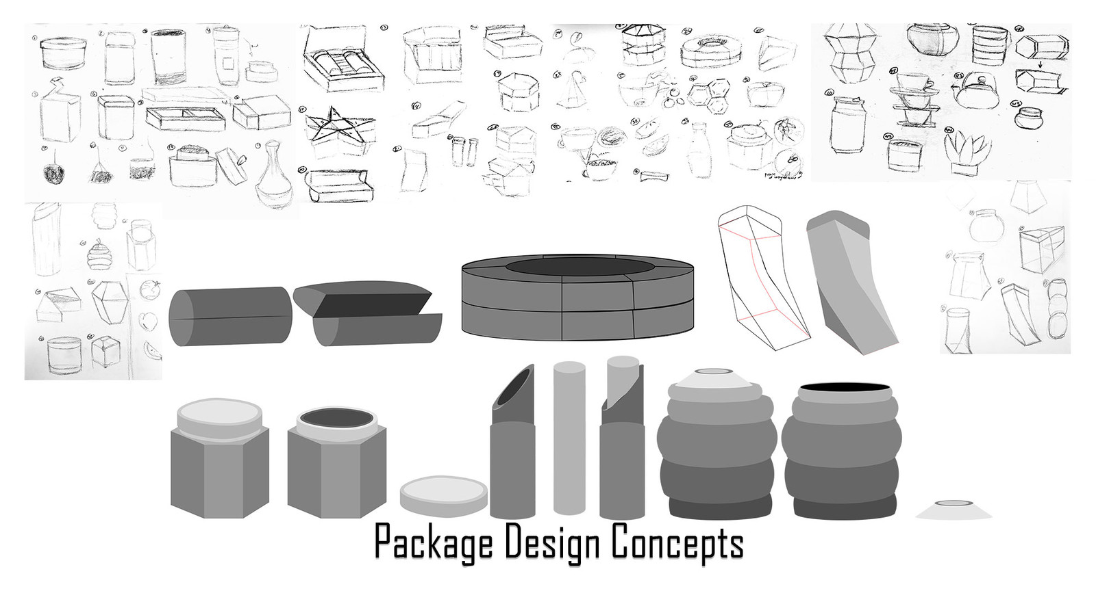 For the package design, I started by coming up with 61 thumbnail sketches of different designs. Then narrowing those thumbnails down to six designs, taking those six and designing them in illustrator, and then finally deciding on a final package design. 