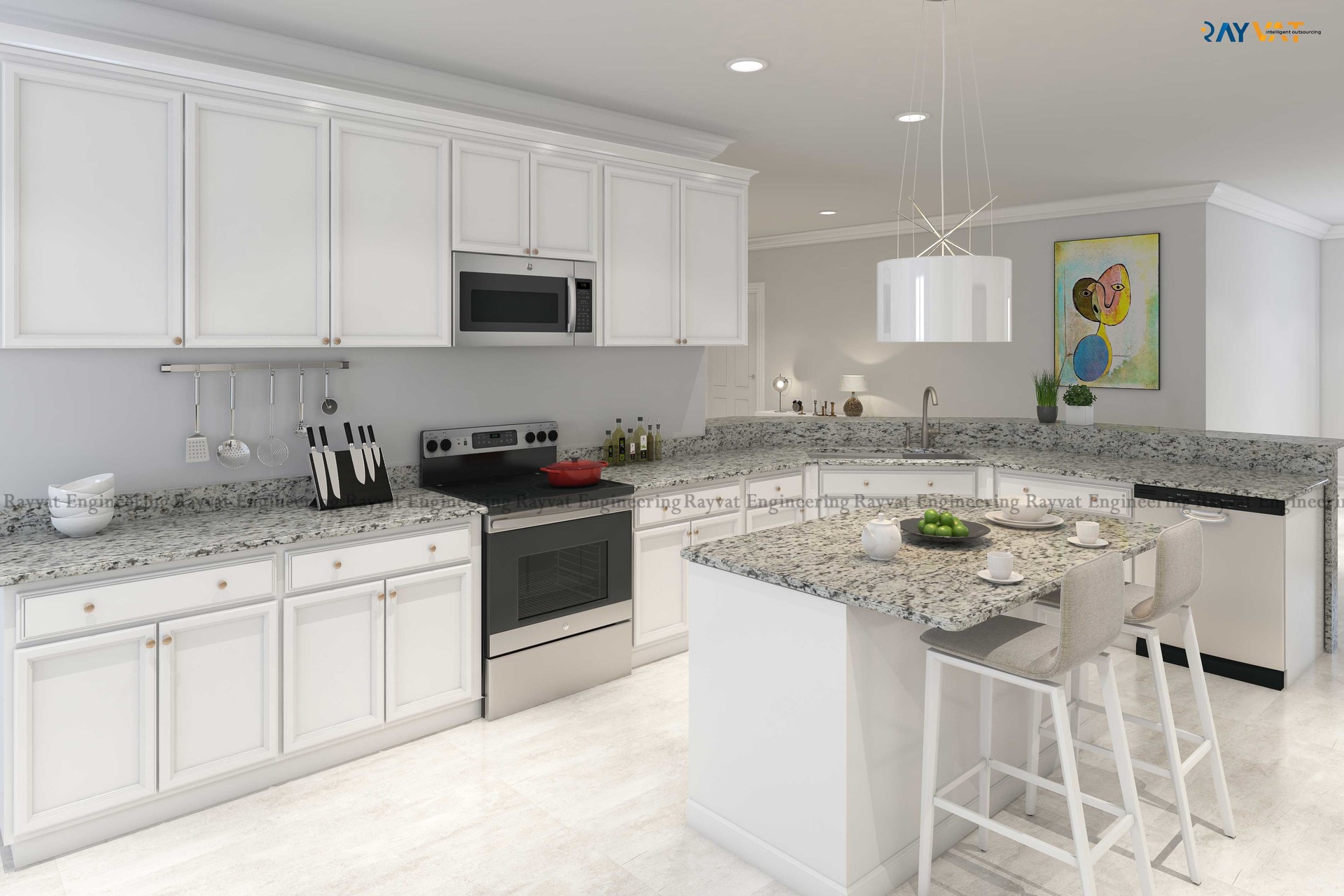 Rayvat Engineering - 3D Rendering of a Classic White Kitchen