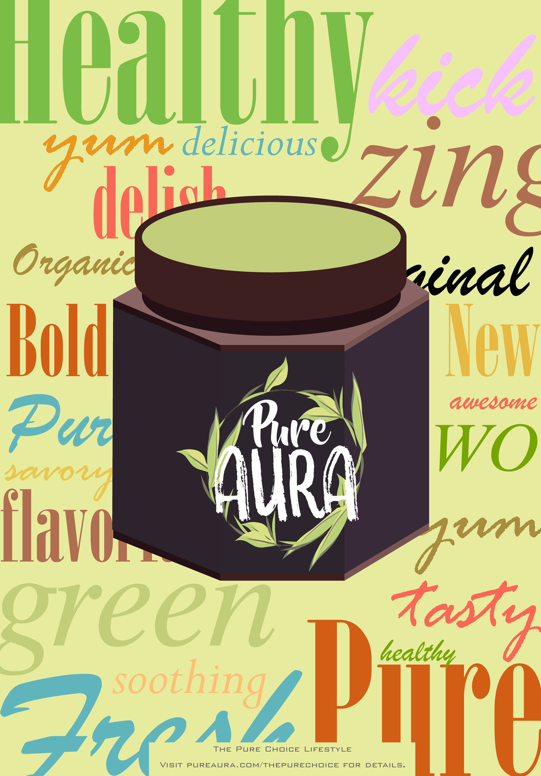 Poster Design
Second collateral piece, this time utilizing the contrasting fonts used in the company’s logo as inspiration. Adjectives describing the feeling and flavors of the tea surround the package, in fonts that also contrast each other.
