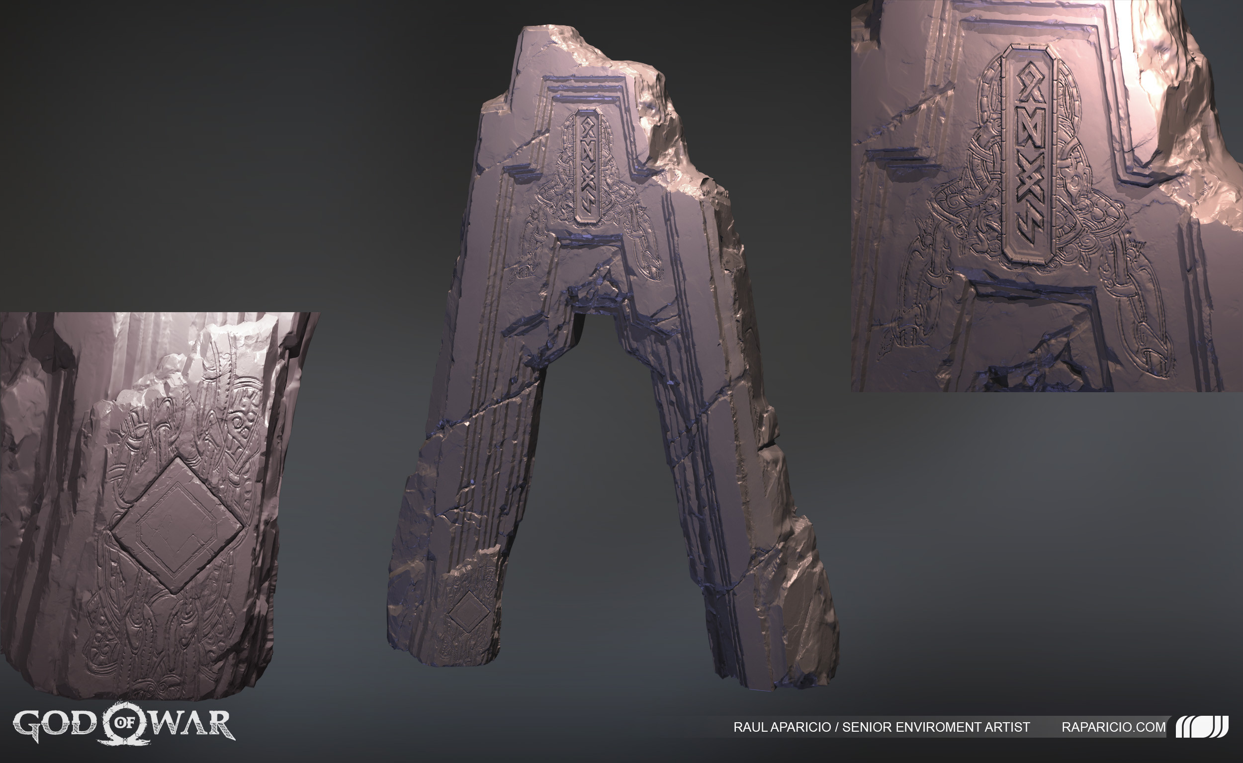 The henge at the top of the mountain was hand sculpted. I created the low poly. Paul Coda textured and integrated the asset into his larger scene at the top of the summit. 