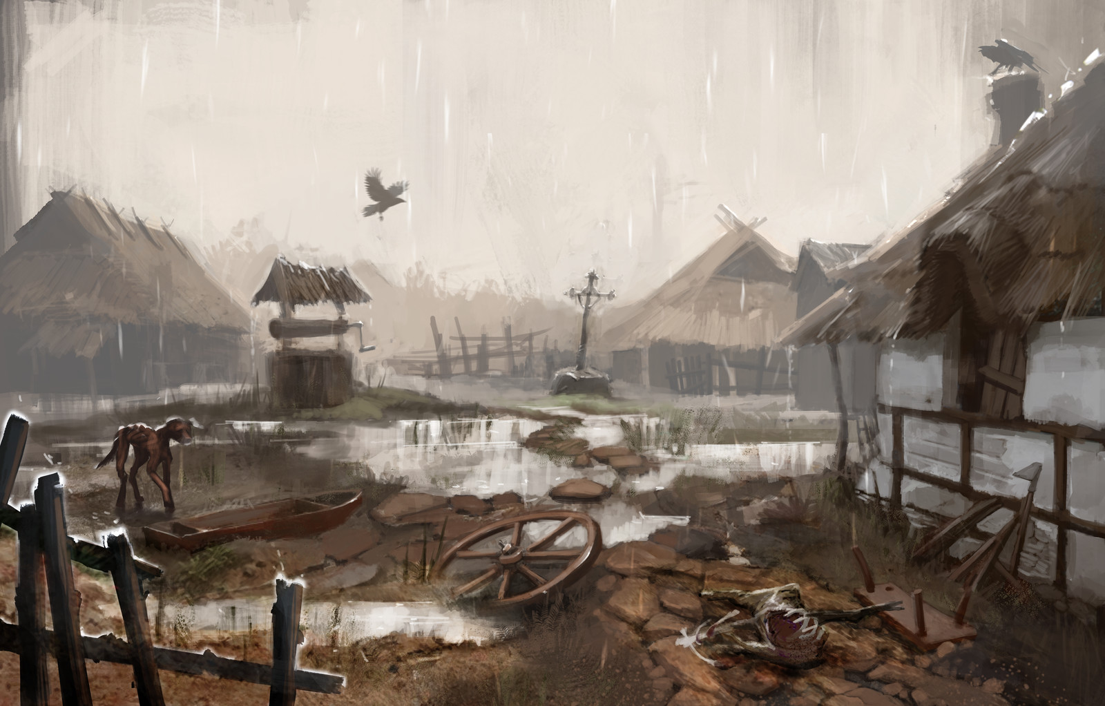 Village in the rain