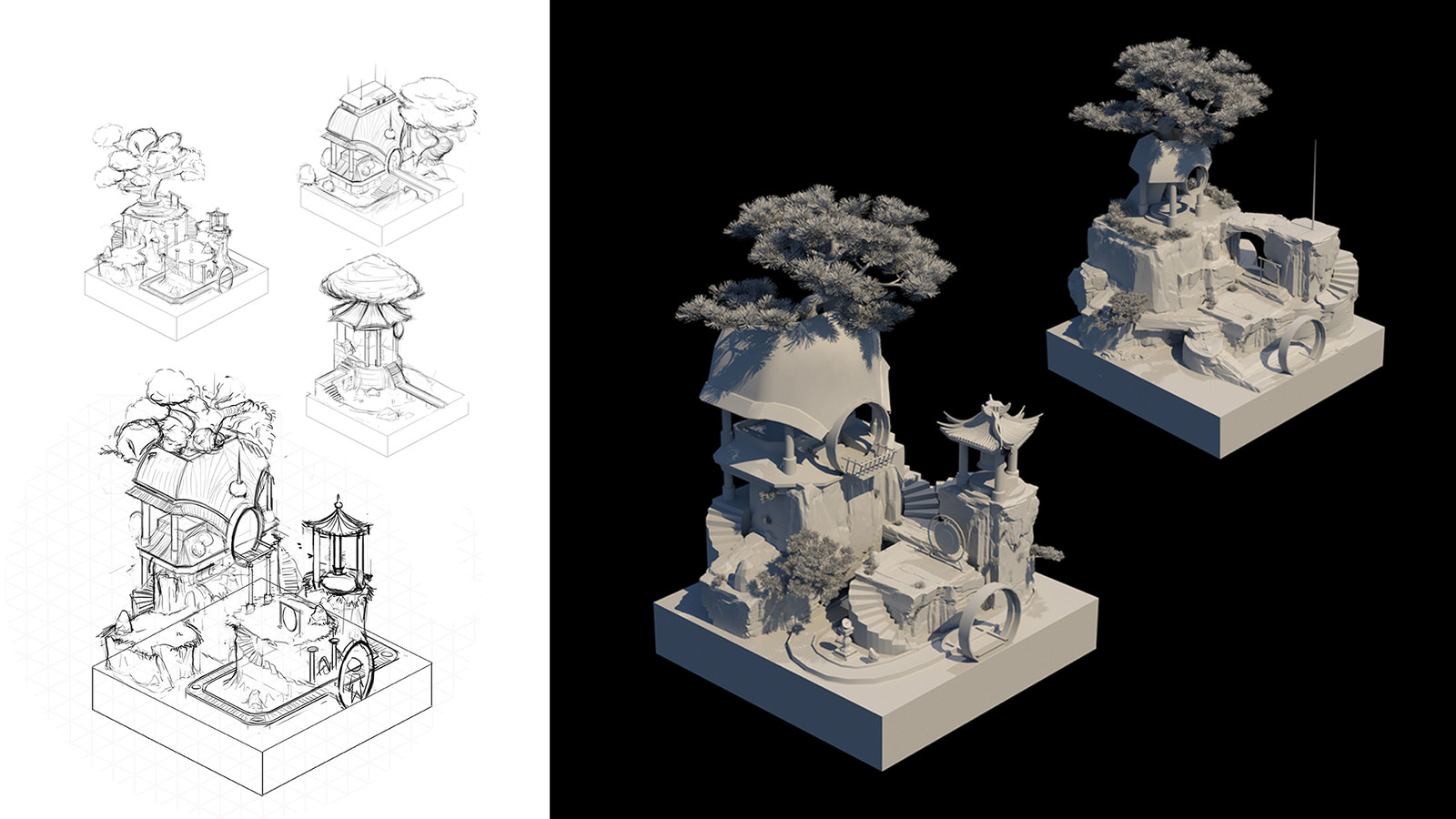 Sketch explorations and 3D Blockouts