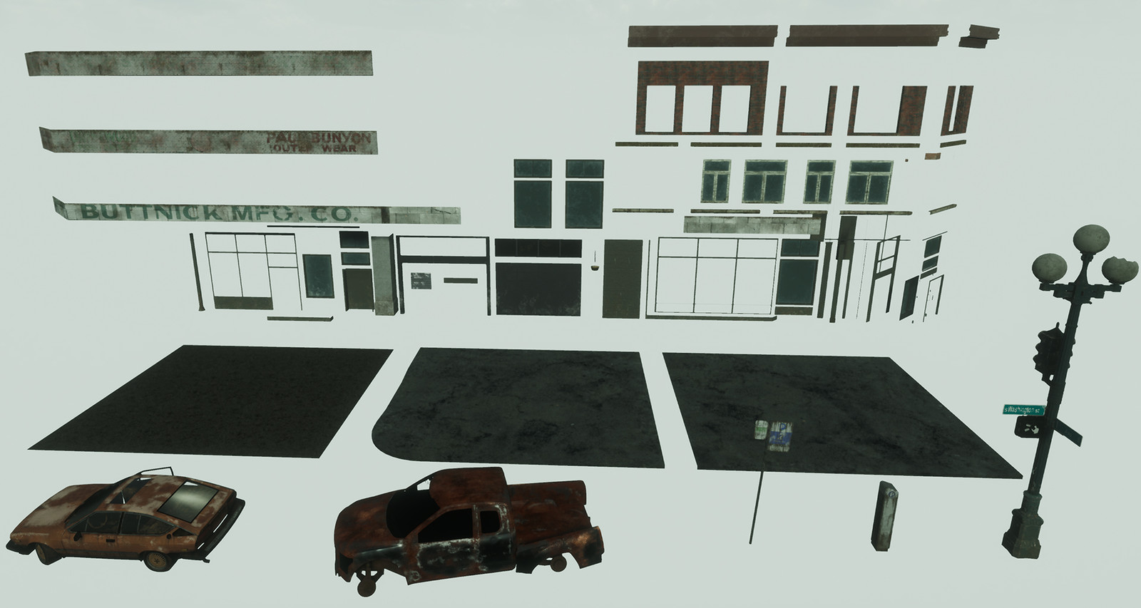 All of the assets I modeled and textured for the environment. The building, sidewalk, and street utilize a modular workflow. The street and sidewalk use a vertex paint material I created in UE4. The textures for that material were made using Quixel Mixer.