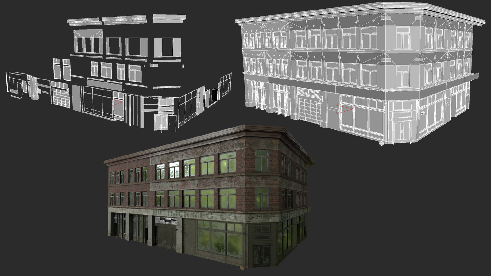 The Buttnick Building in modular form on the top left and fully built on the right. The darker material objects aren't modular because of the signage.