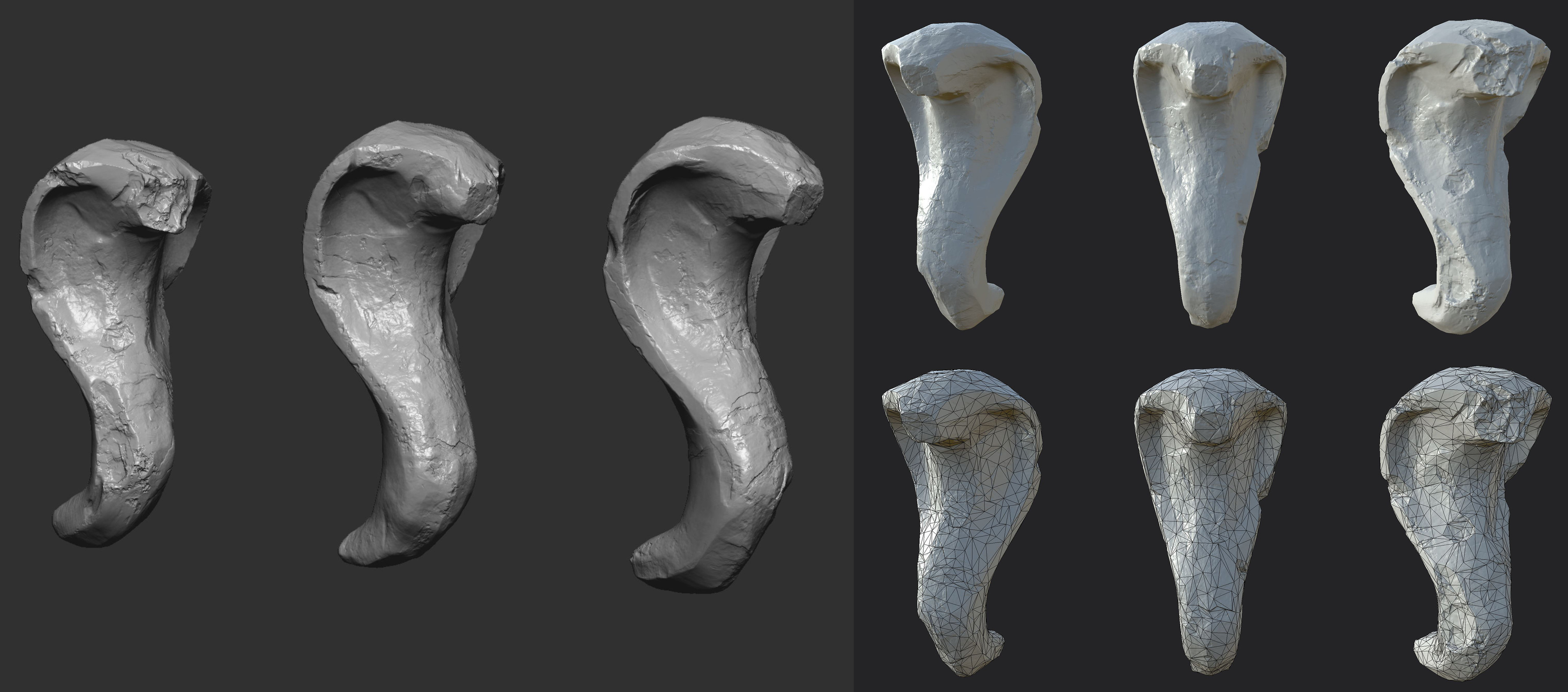Zbrush model on left side, low poly bake and wire-frame on right side