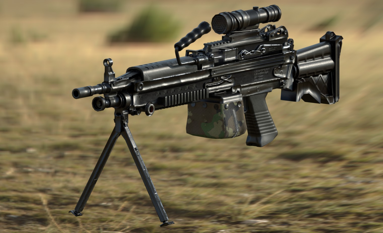 A high poly to low poly normal map model of an M249 Machine Gun. 