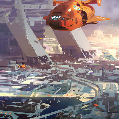 Sparth orange spaceship over city small