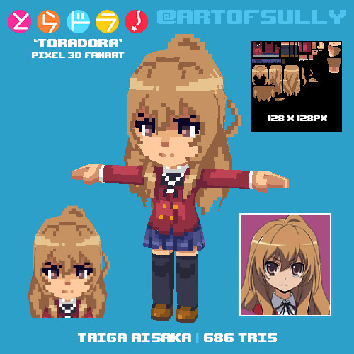 Taiga Aisaka ('Toradora' lowpoly pixel fanart)