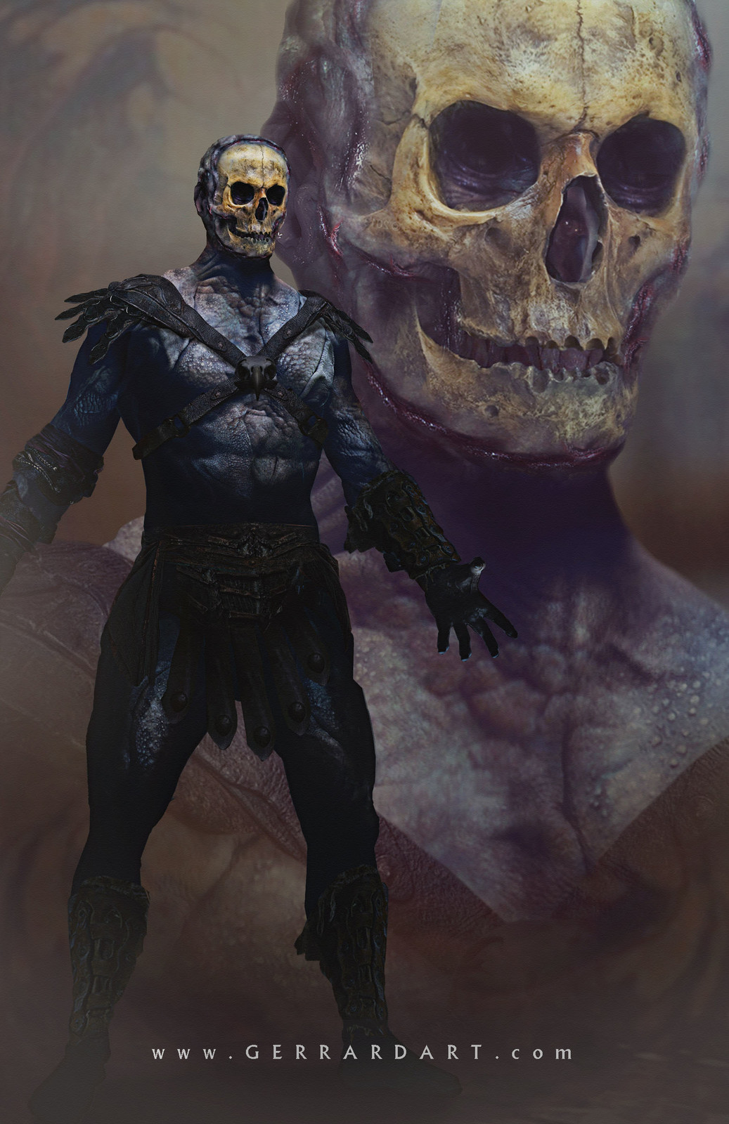 Re-imagining for the character SKELETOR/  Masters of the Universe.
From Art of Gerrard vol2 RIVALS.  
https://gerrardian.bigcartel.com/