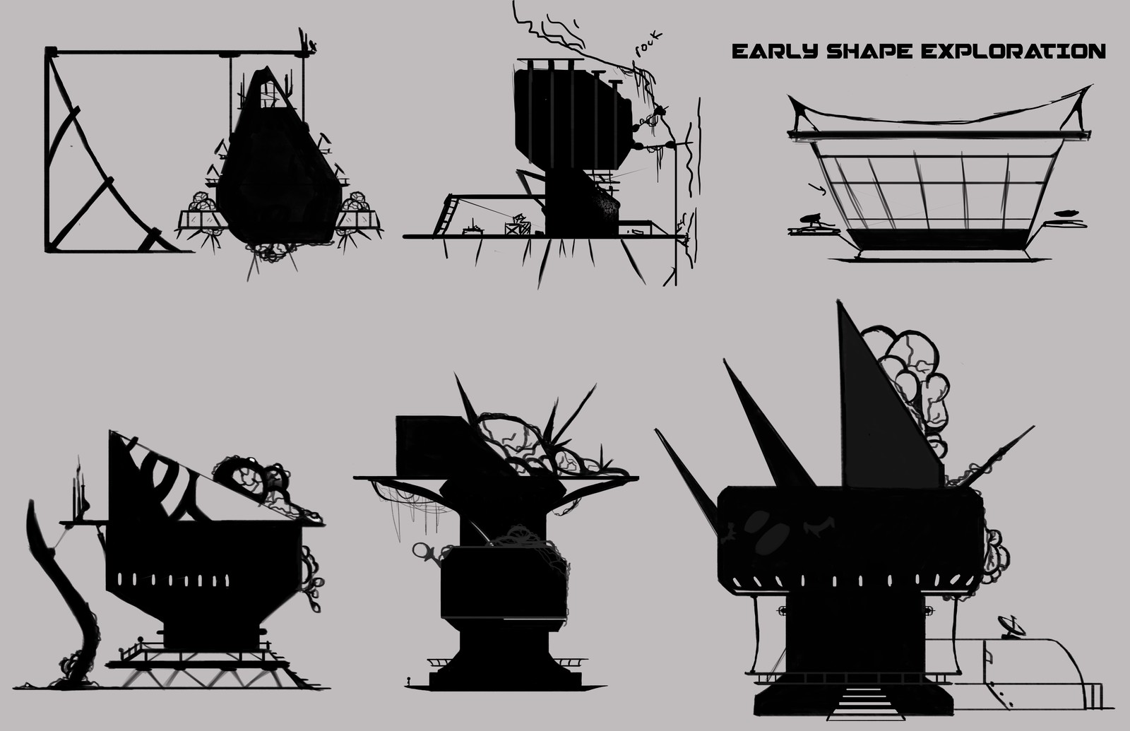 Structure thumbnails - silhouettes

In Apex Dawn , the enemies attach to the buildings and structures and detach to attack the players. I created these thumbnails to get an idea of the different types of structures as well as their fungal attachments.