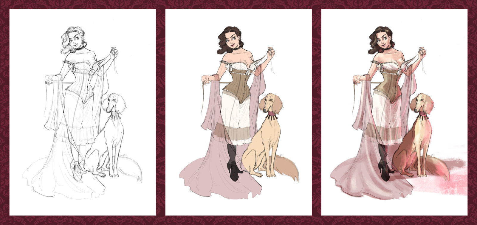 Sketching, flat coloring, lights and shadows
