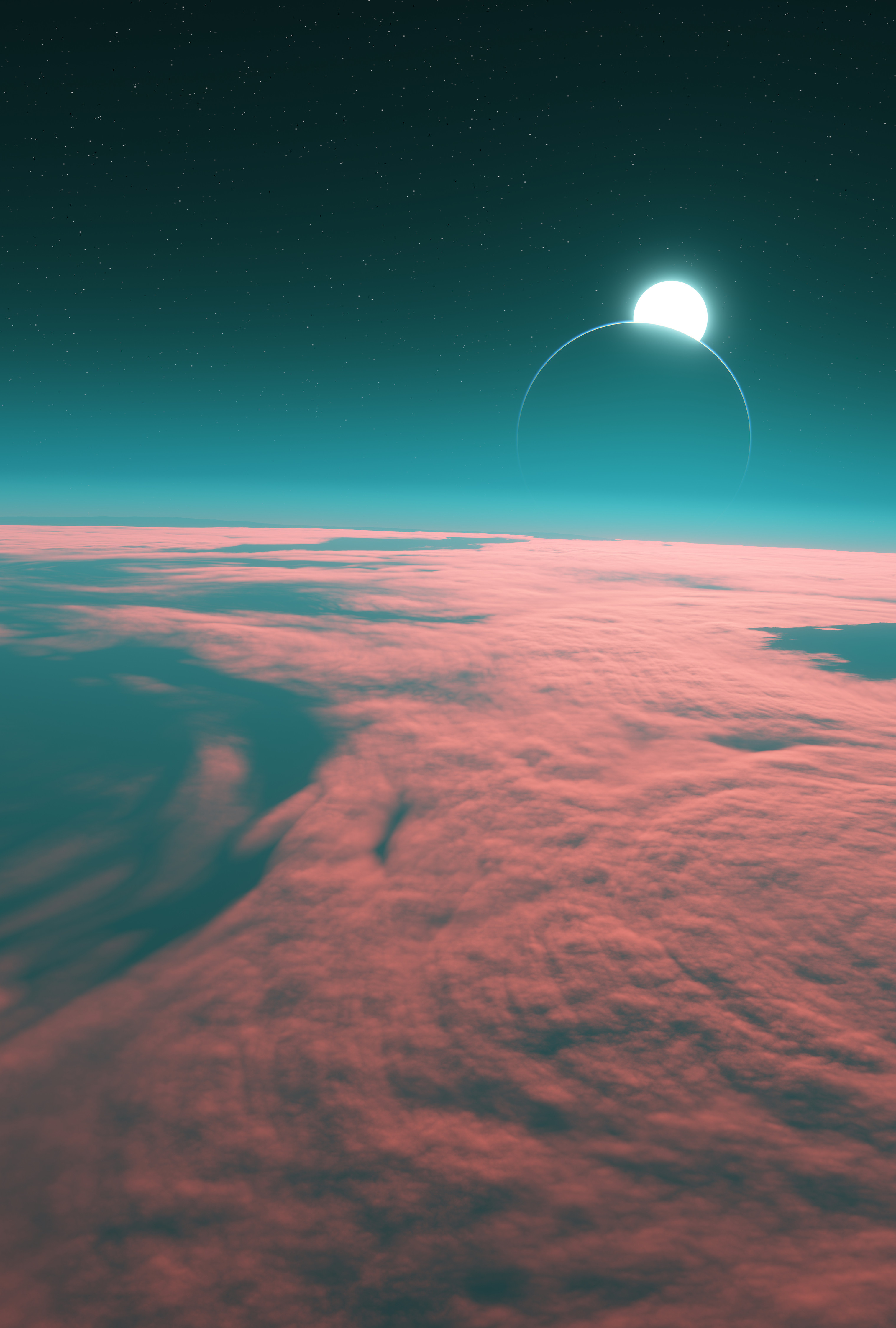 Skimming the reddened clouds of a potentially habitable super-earth with its moon visible.