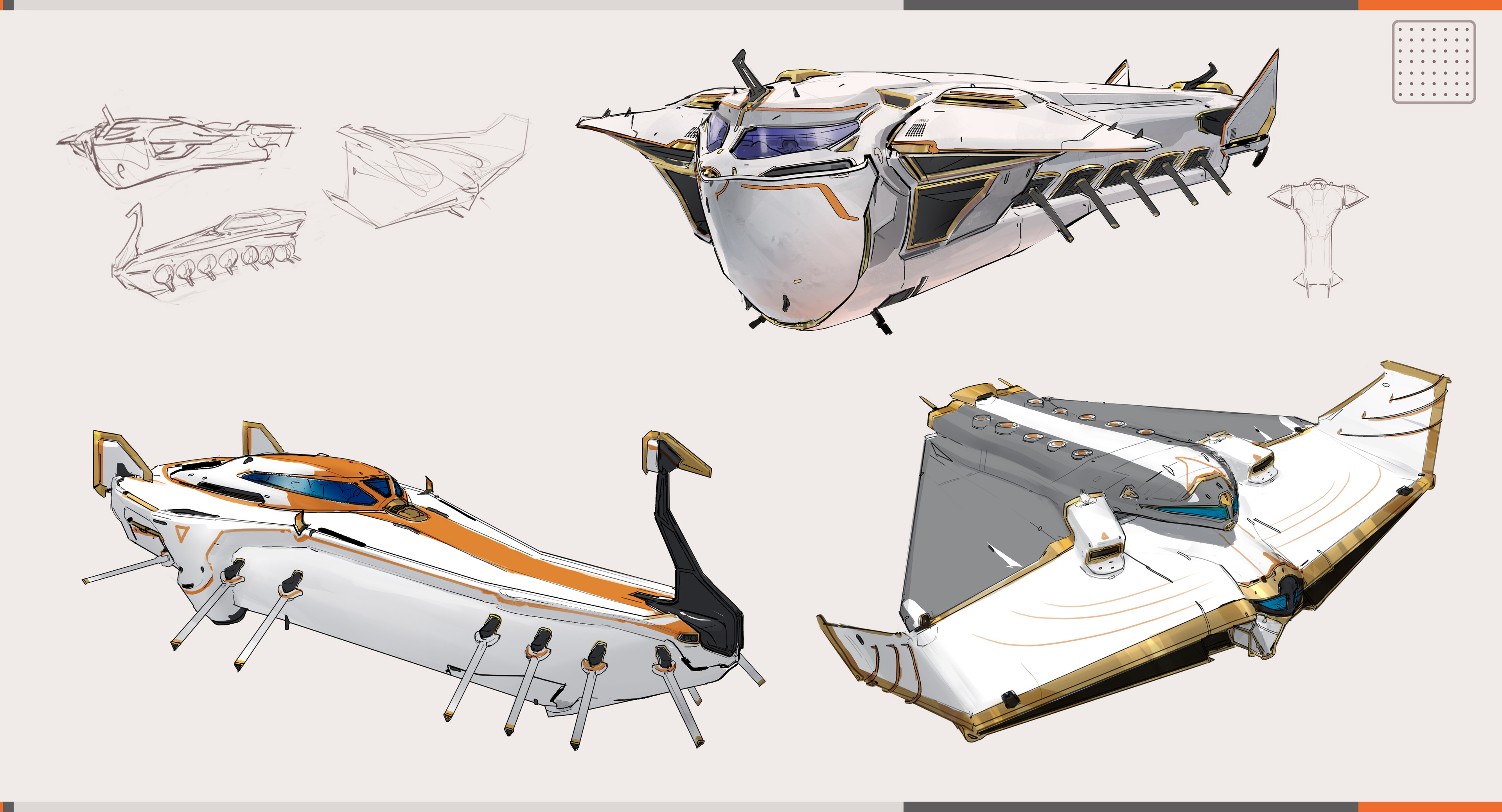 Refining some sketches, bottom right was chosen by the class to render out further. I changed the final's graphic style to be something closer to a military craft