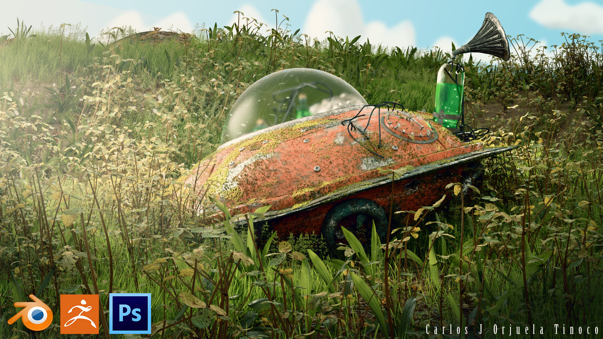 Javsot Art An Abandoned Spaceship Grass and assortment of wild flowers particle systems. javsot art an abandoned spaceship