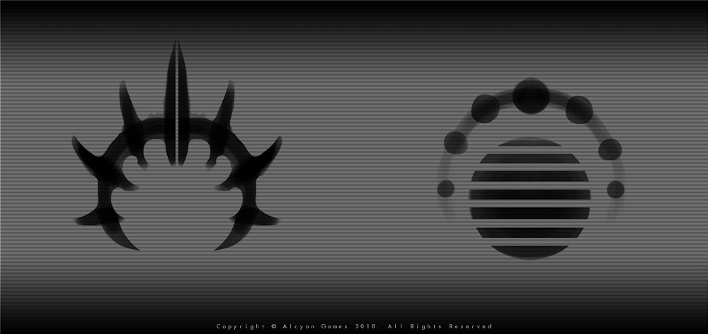 Sketches over the logos.
The idea was to have round shapes along with horizontal lines for the Alliance Logo. 
The Acrata logo was made on top of the alliance one with spike shapes. Each spike divides a planet and is hollow in the middle.