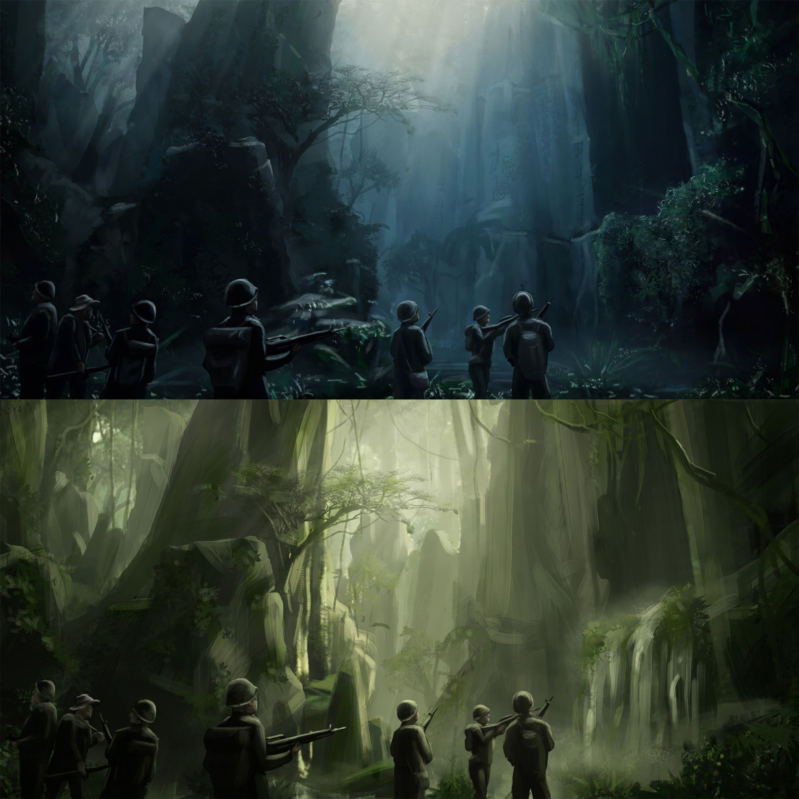 Two variations of the sketch with different cinematic light and colors