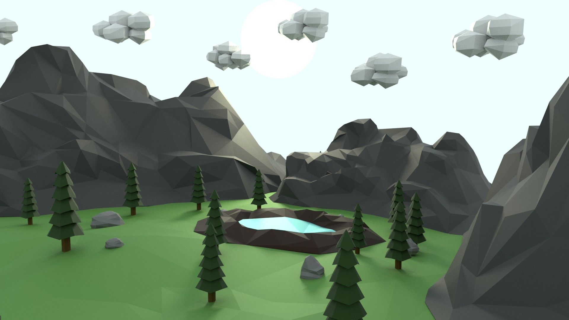 Artstation Low Poly Mountain With Crater Lake Scene
