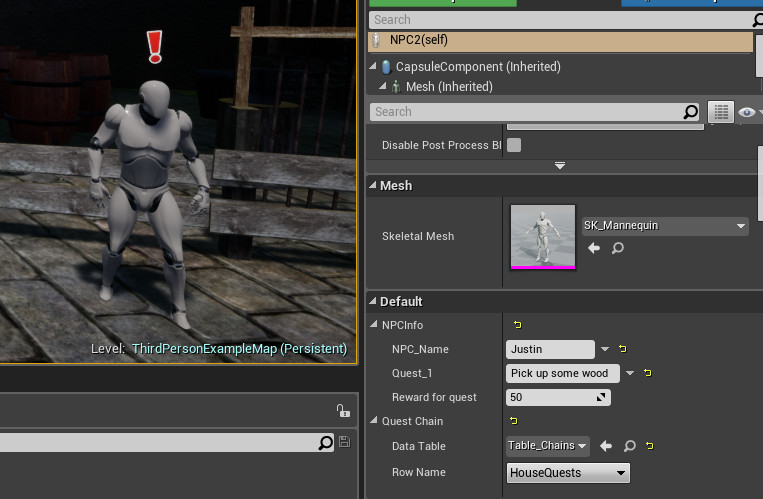 Npcs that are placed within the world can have properties such as their name and the quest they hold, set. When you interact with the Npc's they give you the specific quest selected. 