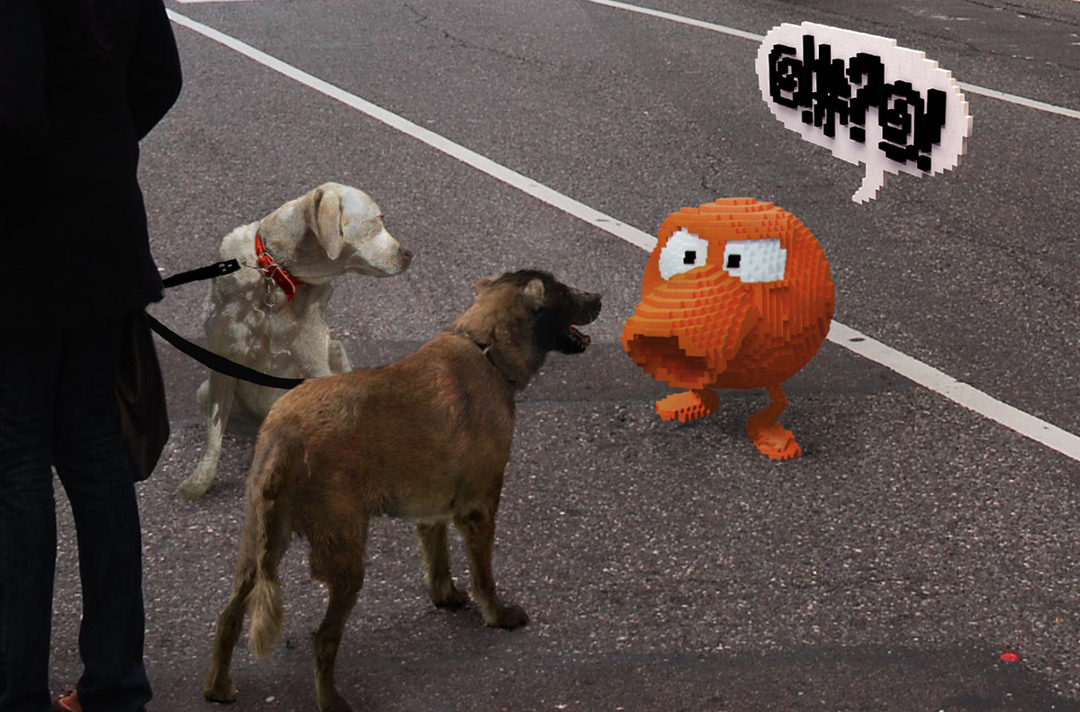 Q*bert having some troubles communicating with a pair of dogs.