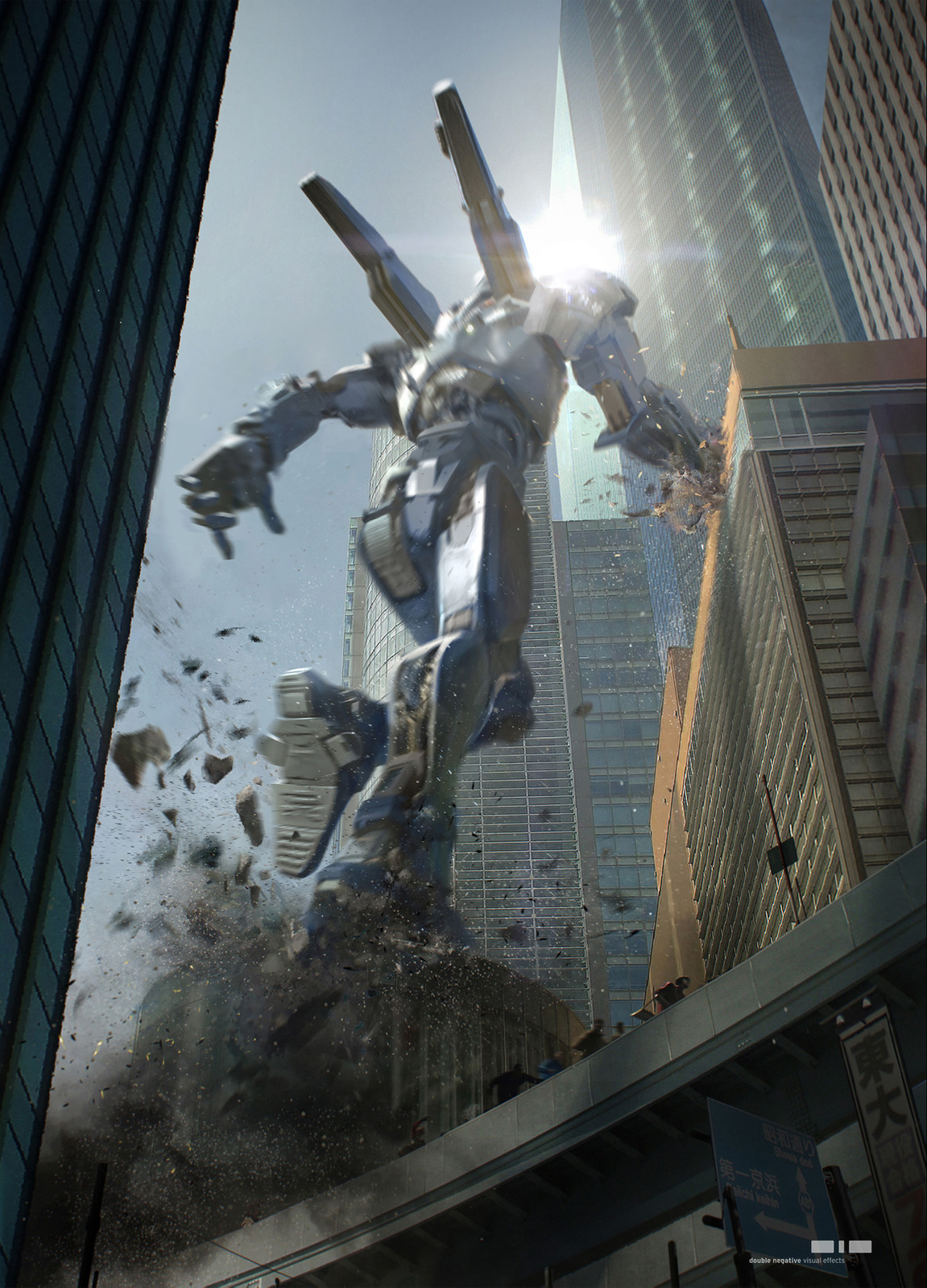 Gipsy Avenger, hopping from building to building in MegaTokyo, during a Kaiju attack.