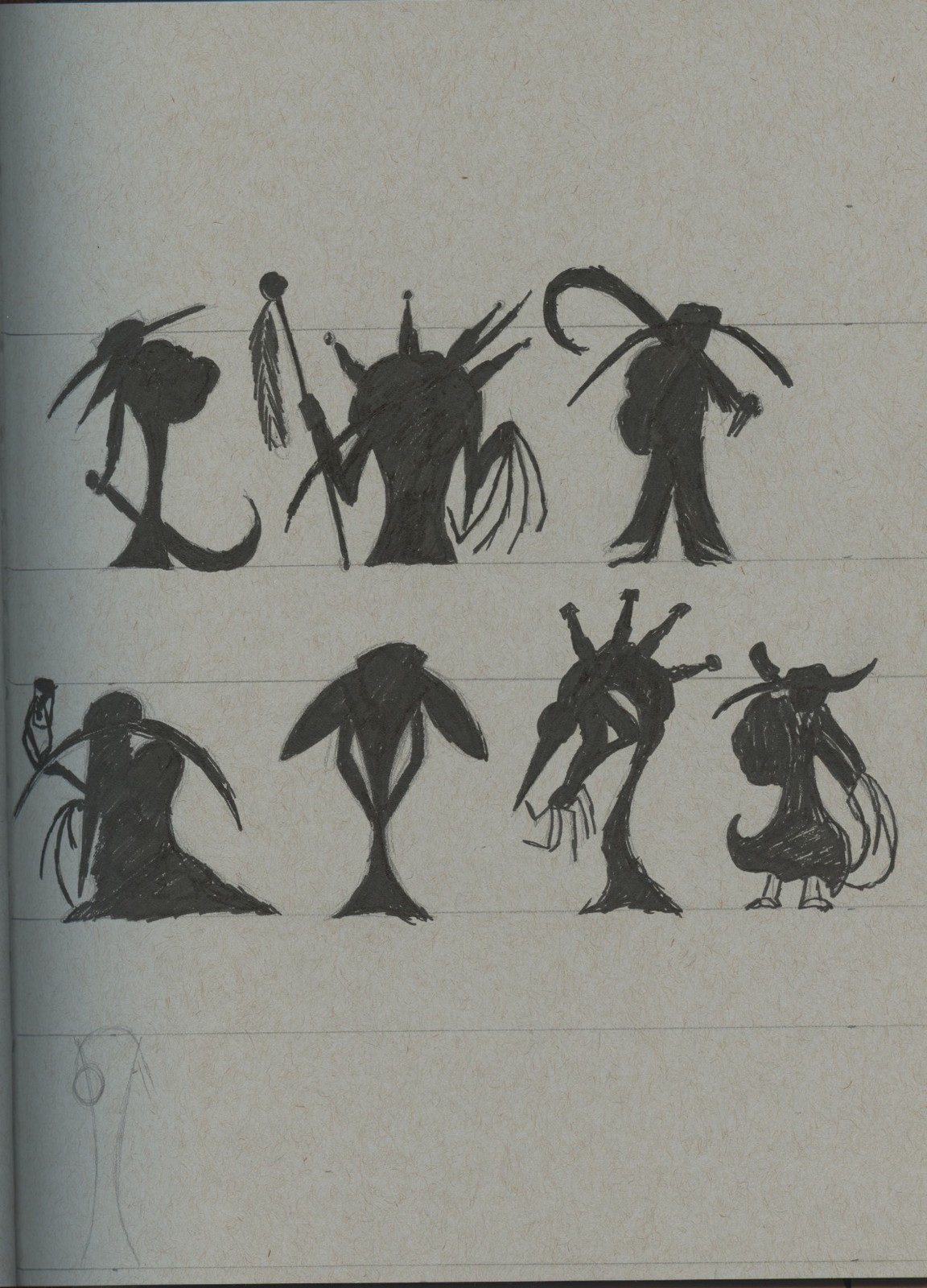 I begun with the Silhouette trying to find what would work for this character. 