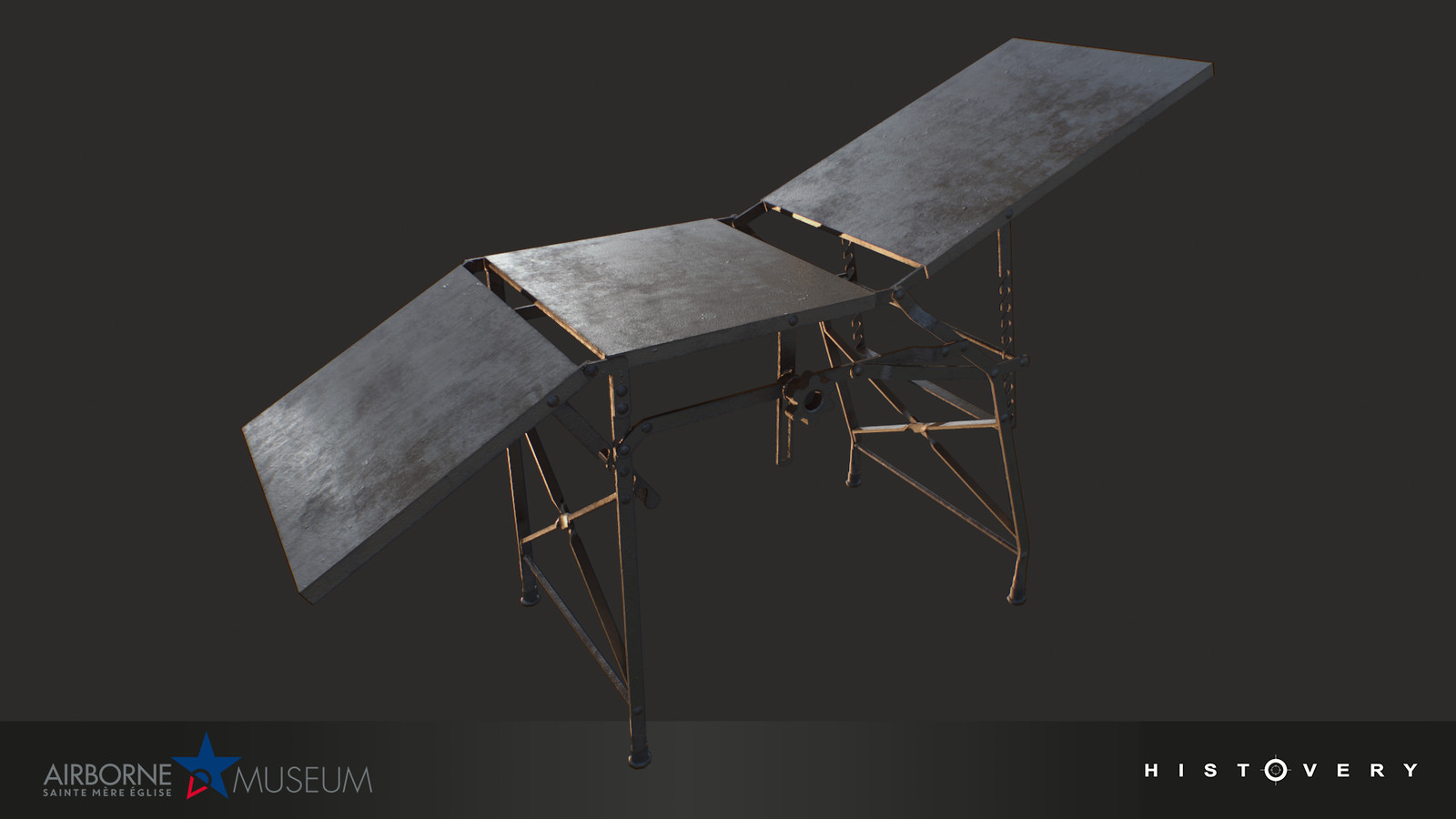 Operating table, which could be adjusted flat or leaning for the patient, or folded up for transport.