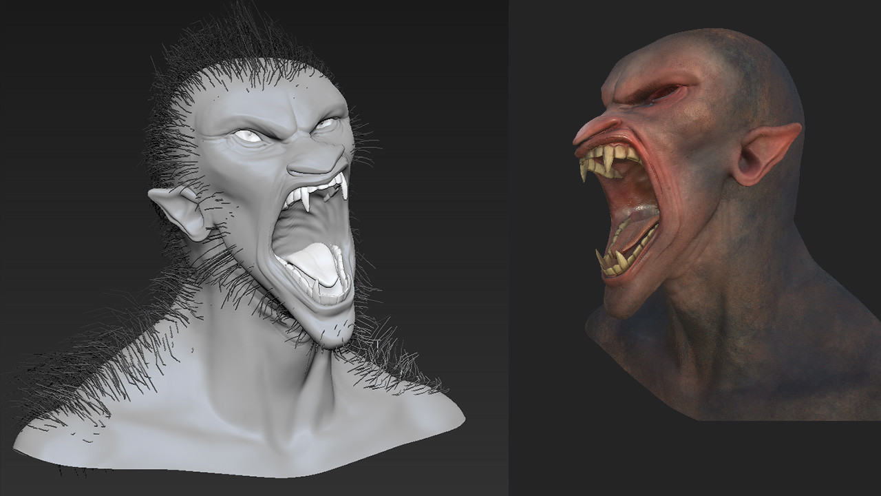 ZBrush sculpt and substance painter progress shot of the wolfman. I used fibermesh curves as guides for the hair as part of my pipeline testing.