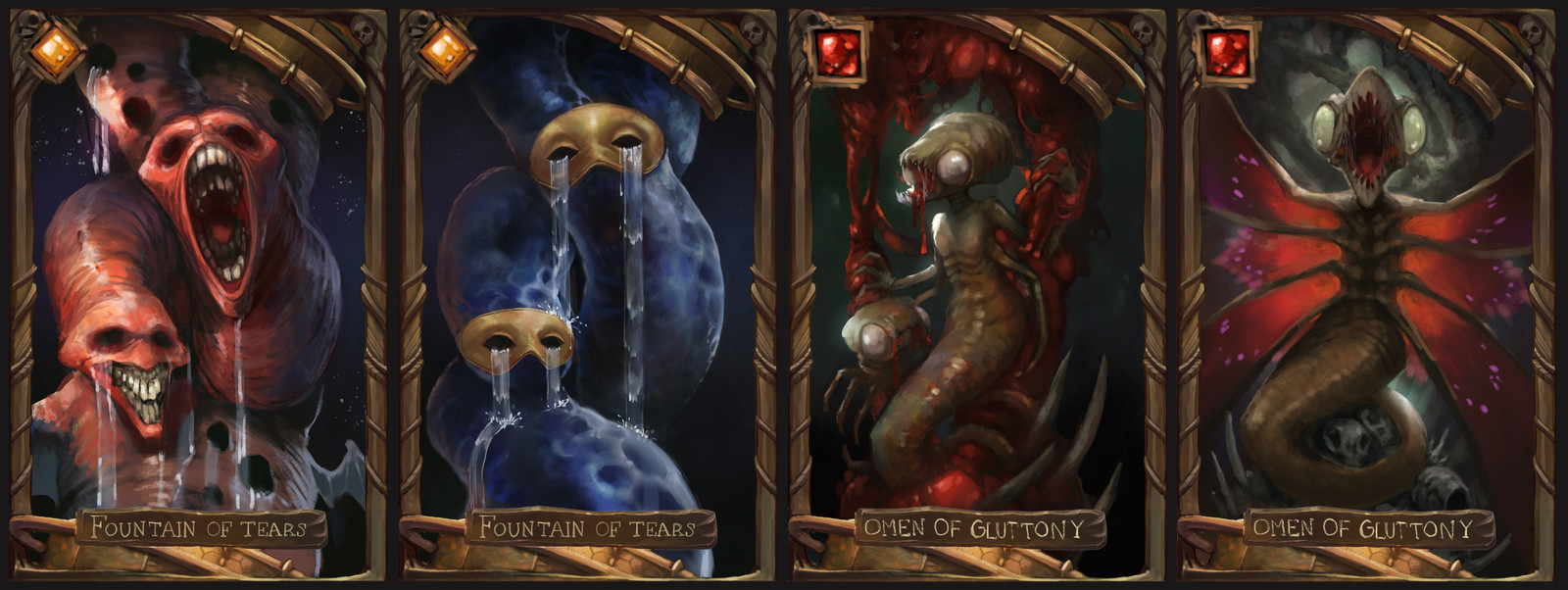 At one point I thought about making the cards into pairs of illustrations. Fountain of Tears is about grief, Omen of Gluttony is about parasites.