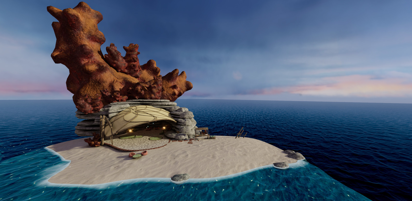 Overview of Fish Person's Cove. It's supposed to convey a "private tropical island" feeling.
